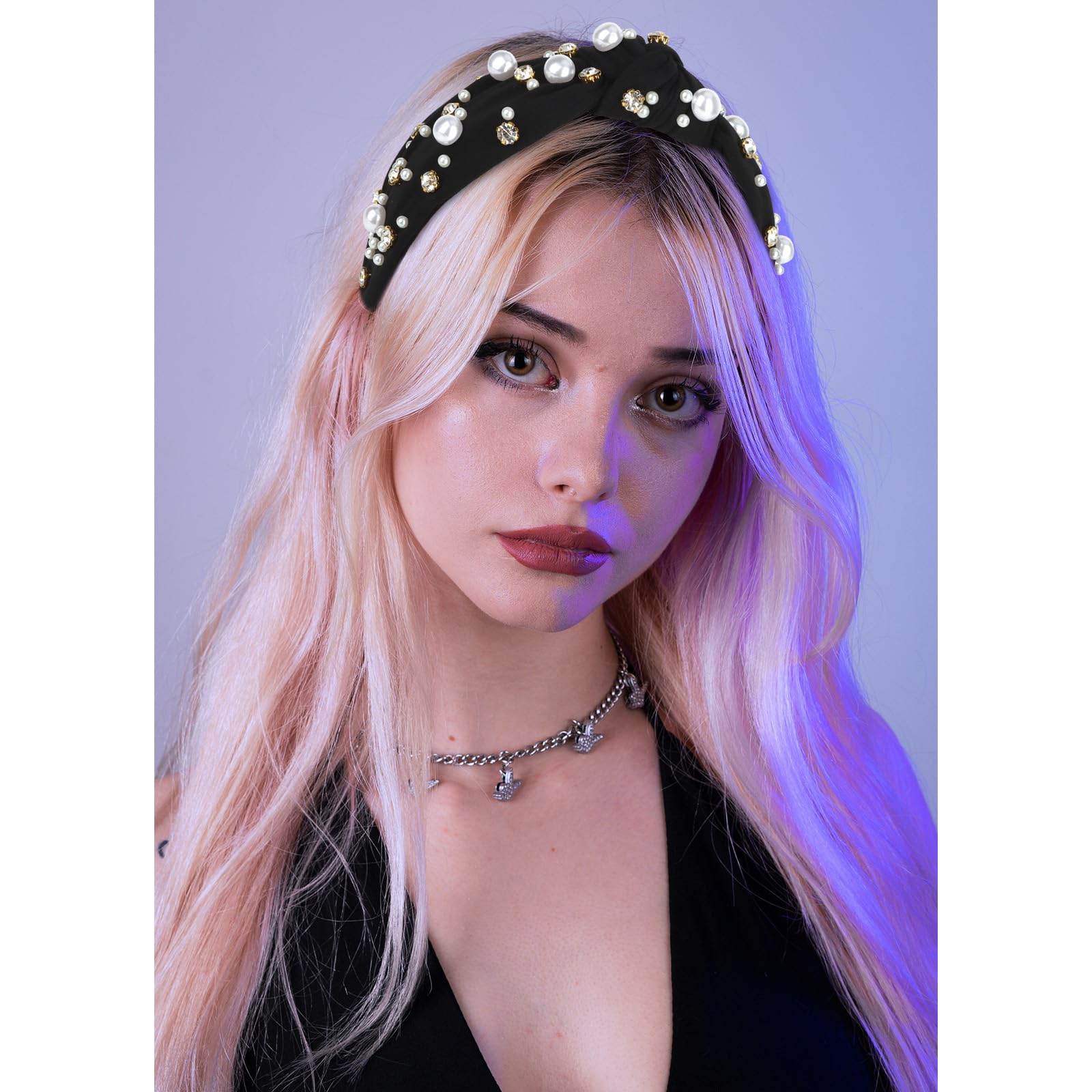 Black Faux Pearl Knotted Headband - Women Accessories Black_white_pearl_knot_headban  main image 4