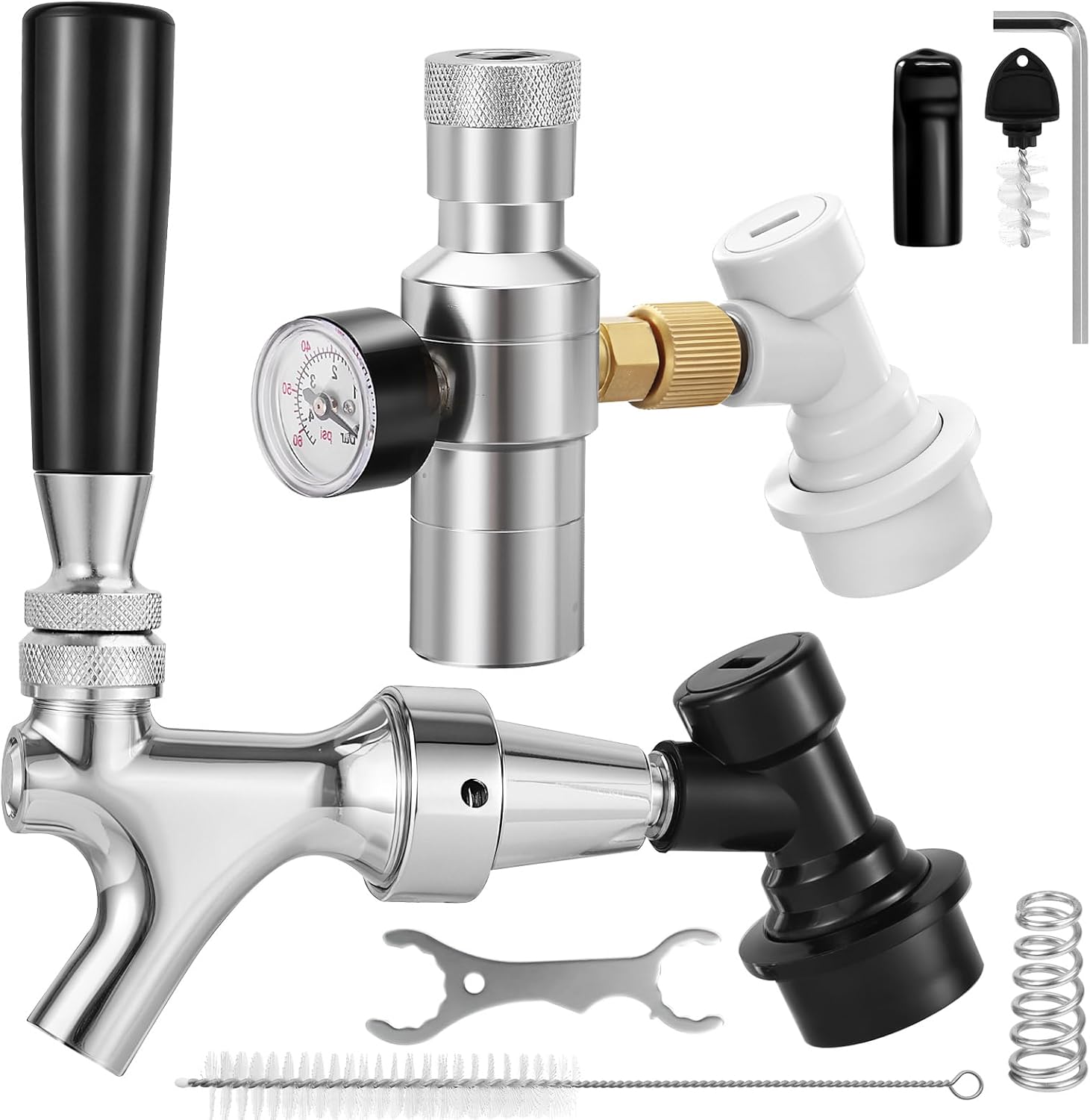 Upgrade Dual-Stage CO2 Regulator & Ball Lock Beer Faucet Set, 0-60PSI Portable Mini Keg Regulator Stainless Steel Core Self-Closing Beer Faucet with Ball Lock Quick Disconnect for Homebrew, Corny Keg