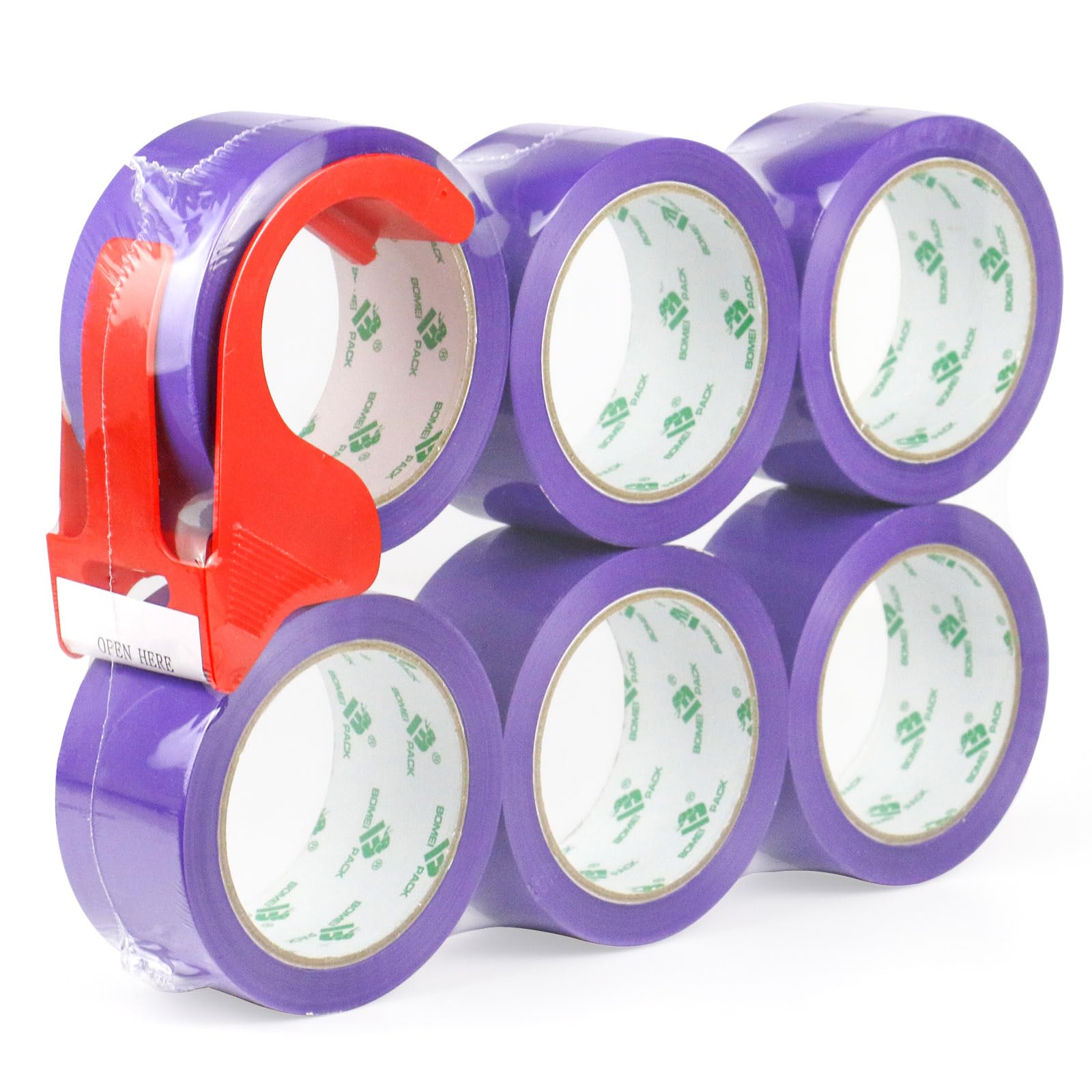 BOMEI PACK Purple Packing Tape 6Rolls 48mm x 66m with dispenser Durable Heavy Duty Packaging tape for Shipping Moving Boxes&Office Use -Strong Adheisve Parcel Tape for Cartons Mailing&Storage