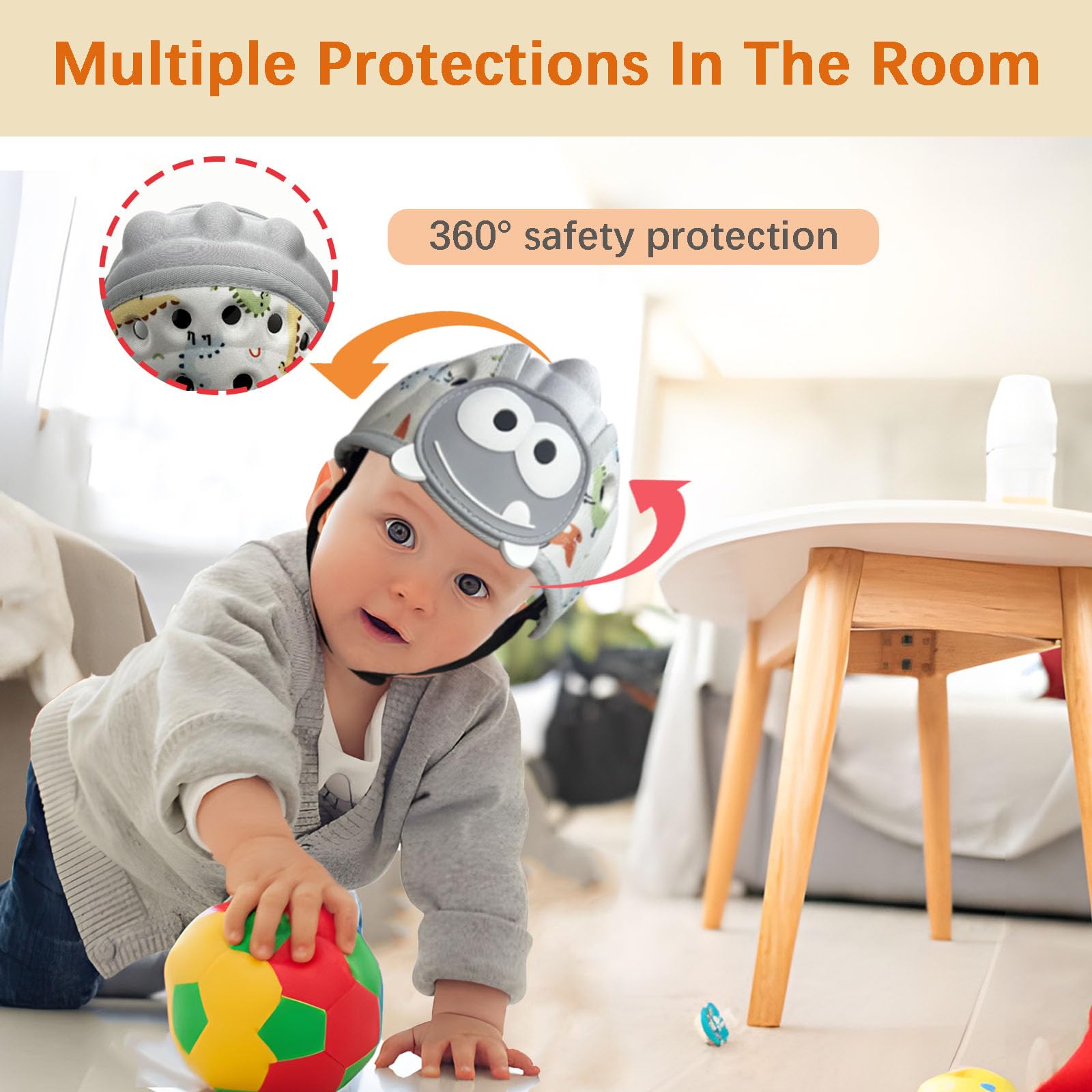 Casco de bebé para caminar gateando, casco de seguridad infantil suave, casco de bebé de 1 a 2 años para protector de cabeza anticaídas, ajustable, transpirable