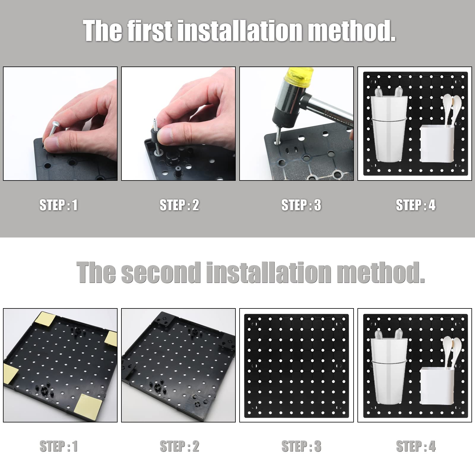 2 schwarze StecktafelWandOrganizerKit, Kunststoff, für Bastelarbeiten, kleine Stecktafeln, KüchenSteckbretter für Wände – 2 Installationsmethoden (keine Beschädigungen) für Heimwerker,
