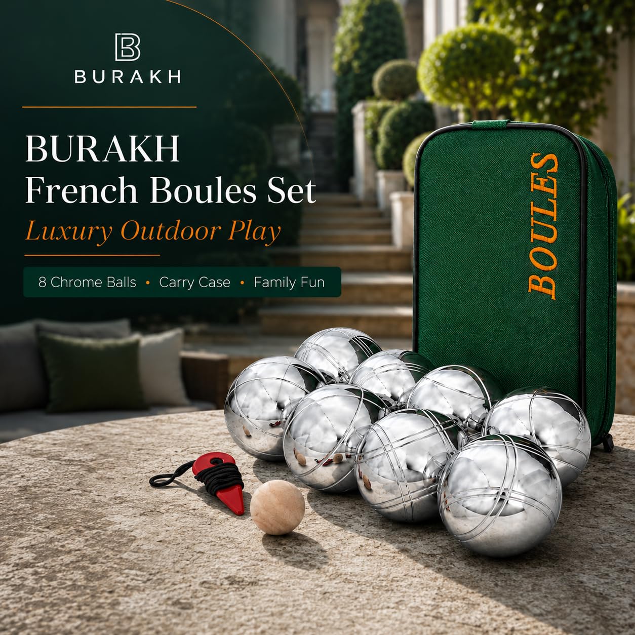 BURAKH Juego de 8 bolas francesas | Juego de bolas cromadas | Juego de petanca de acero inoxidable para jardín al aire libre | Juegos clásicos familiares al aire libre | Juego de pentanca | Diversión