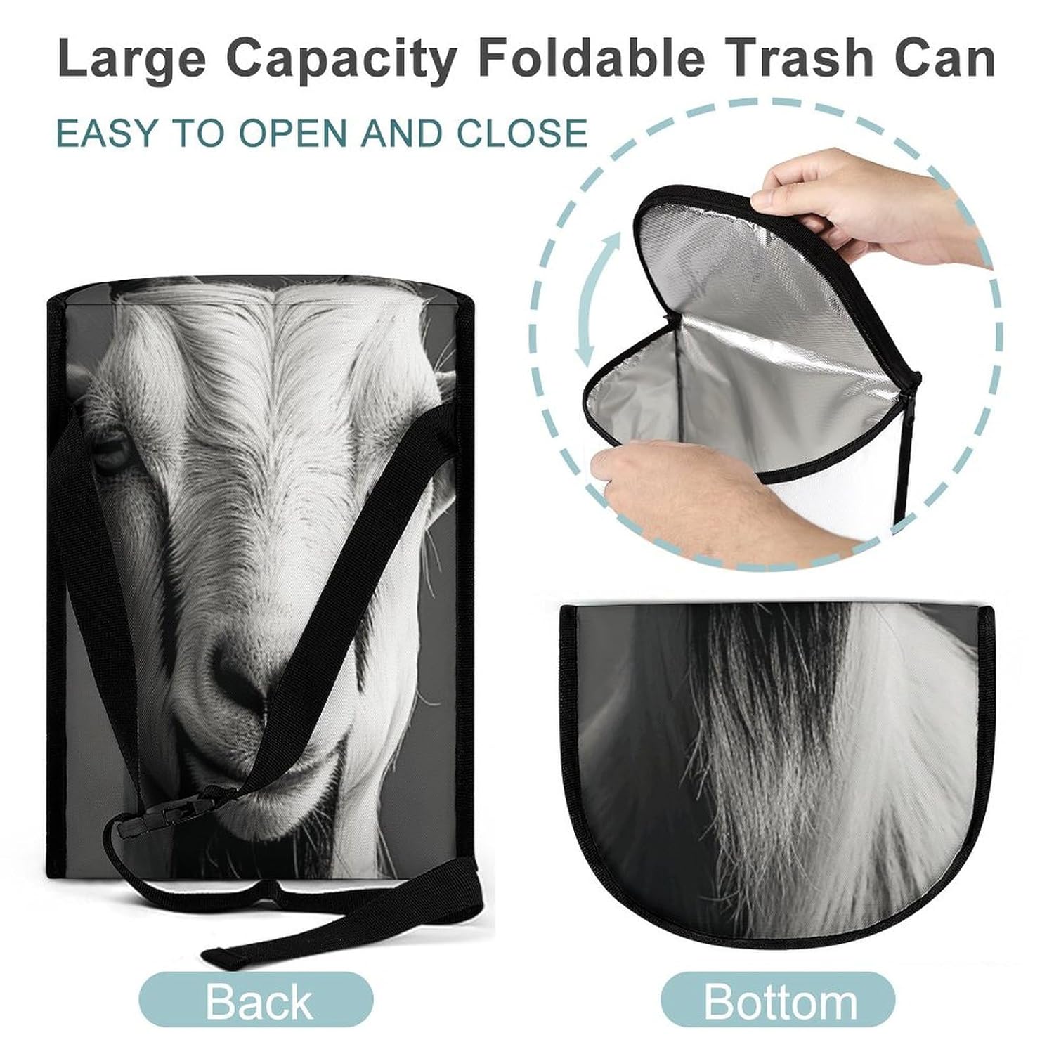 Hanging Car Trash Bag Protable Trash Can Black and White Goat Waterproof Garbage Bin for Car