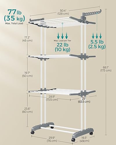 Miniatura 5 de SONGMICS Soporte de secado de ropa de 4 niveles, estante de secado de ropa plegable de 67.7 pulgadas de alto, acero inoxidable, estante de secado de