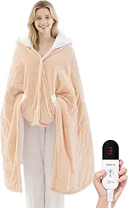 Electric Wearable Blanket Heated Blanket with Hood and Pocket, Flannel & Sherpa Electric Snuggle Throw Blankets, 6 Heating Levels Setting & 4 Hours Auto Shut Off,40 * 70",Machine Washabl(Shrot, Beige)