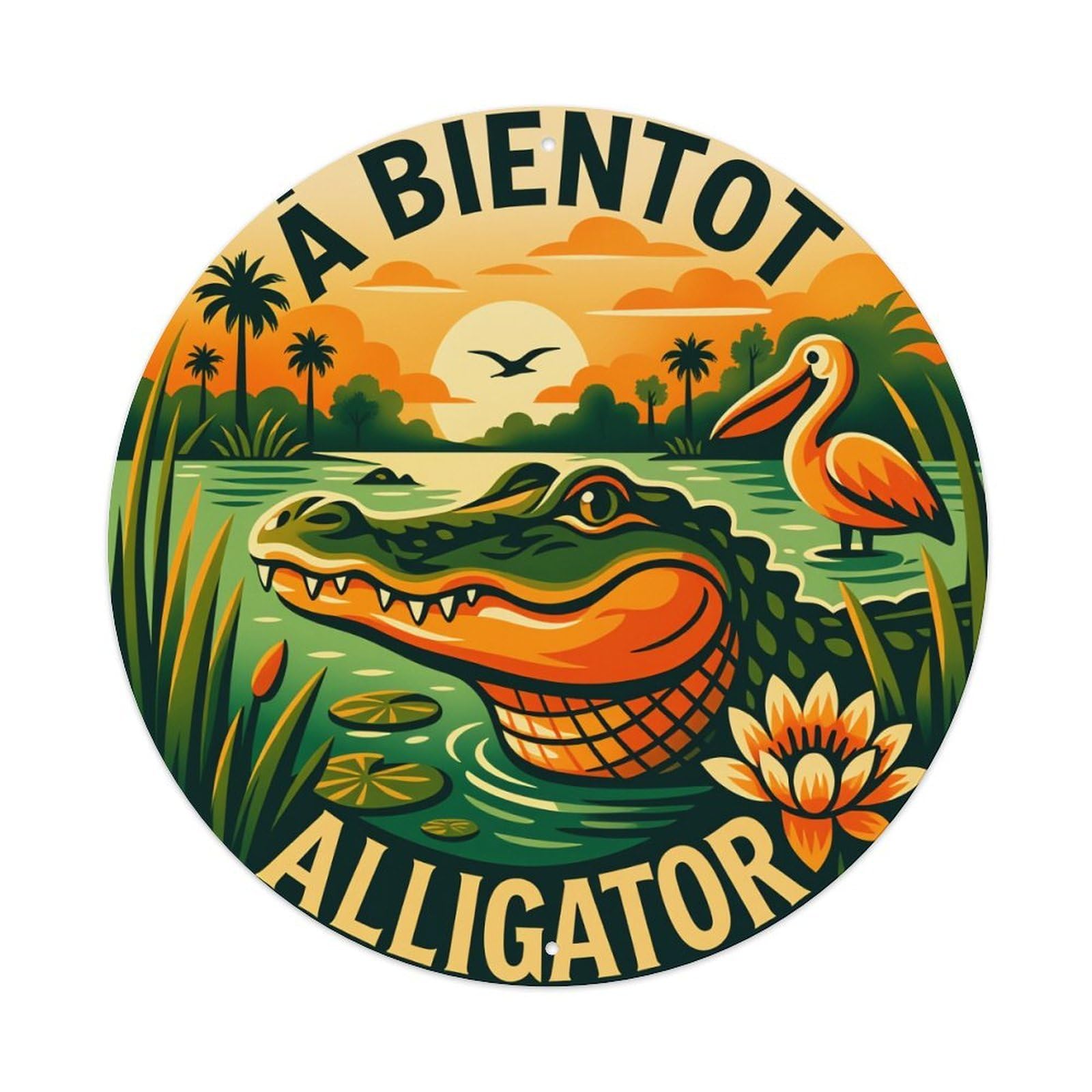 Alligator Sunset Landscape Pelican Waterlily Round Tin Sign Vintage Metal Poster, Home Bar Garage Man Cave Cafe Indoor & Outdoor Wall Decoration 8x8Inches