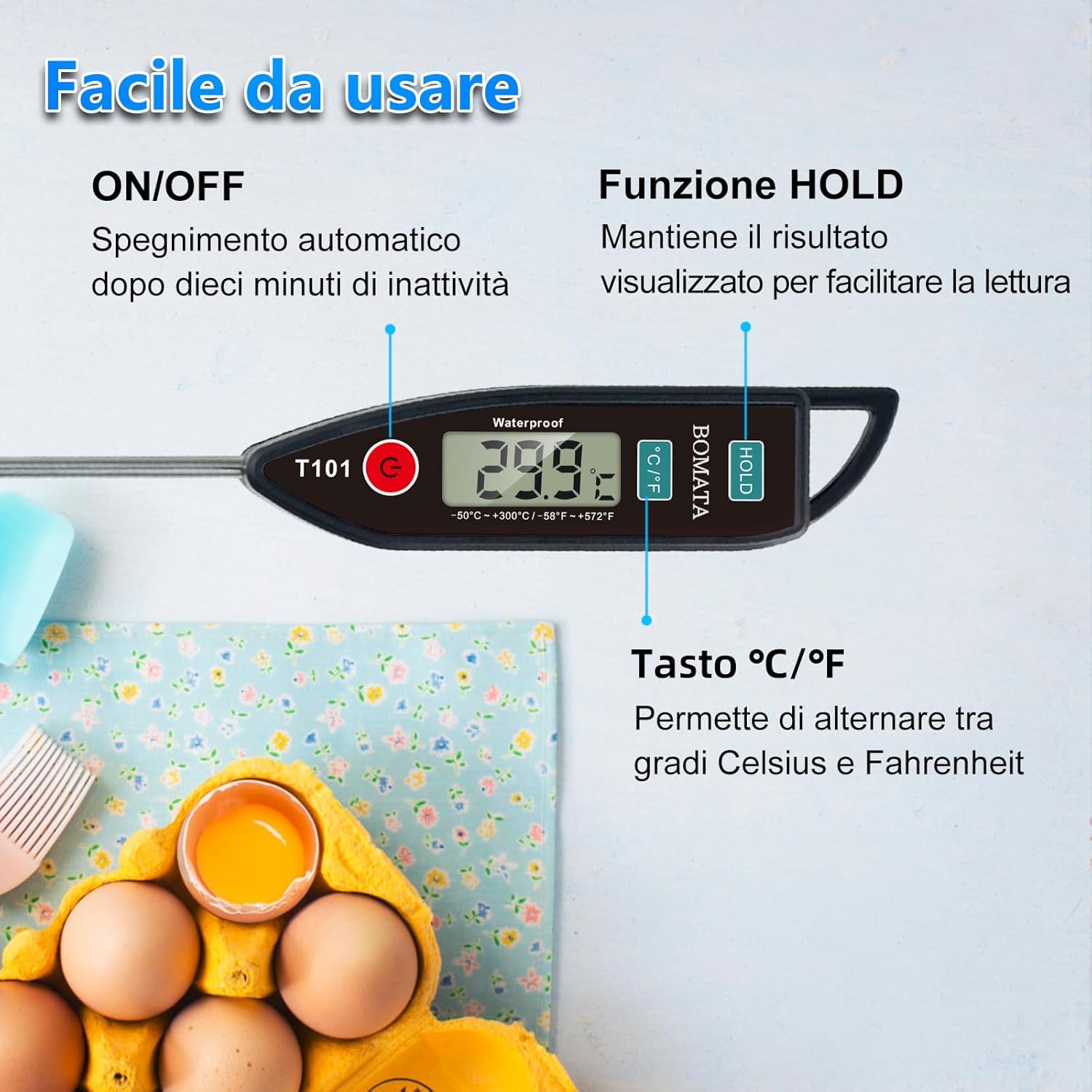 BOMATA Termometro impermeabile IPX7 per alimenti a lettura immediata sonda lunga T101 Nero