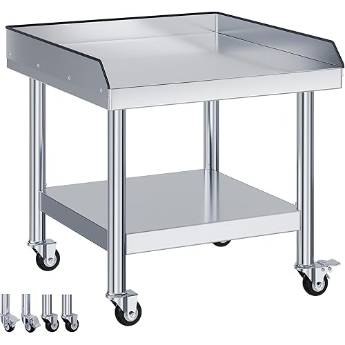 Jocisland 25"x28" Stainless Steel Equipment Stand & Equipment Grill Stand Table, NSF Certified with Adjustable Undershelf, Wheels and Edge Baffle for Commercial Kitchen, Restaurant & Home