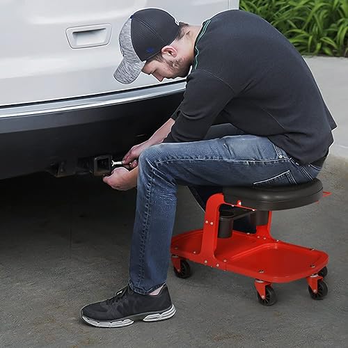 Miniatura 2 de Magshion Taburete mecánico de garaje con bandeja de herramientasestante y soporte para latas, asiento de rodillo de taller duradero con ruedas