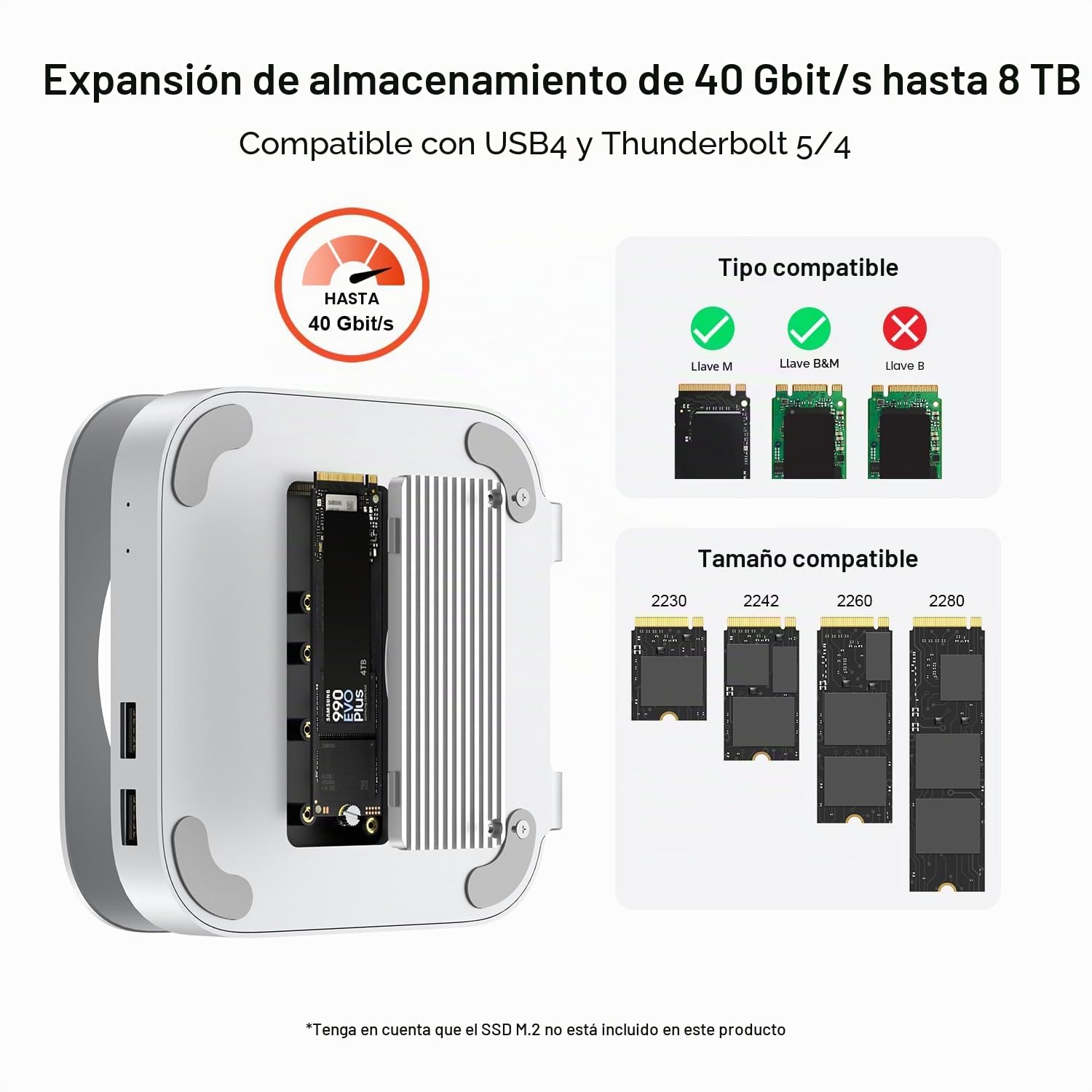 Qwiizlab Hub di supporto in alluminio con USB4 40Gbps Thunderbolt SSD Enclosure per Mac Mini M4/M4 Pro, 3 USB-A 2.0, supporta M.2 NVMe PCIe SSD Fino a 8TB (Argento)