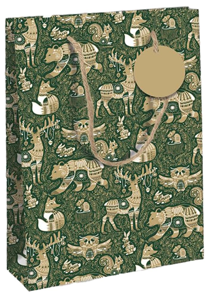 Clairefontaine X-34662-2C - A Pack of 6 Kraft Gift Bags- Large - 26,5x14x33 cm - 210g - Motif : Forest, Animals, Art - Ideal for Games, Puzzles, Gifts