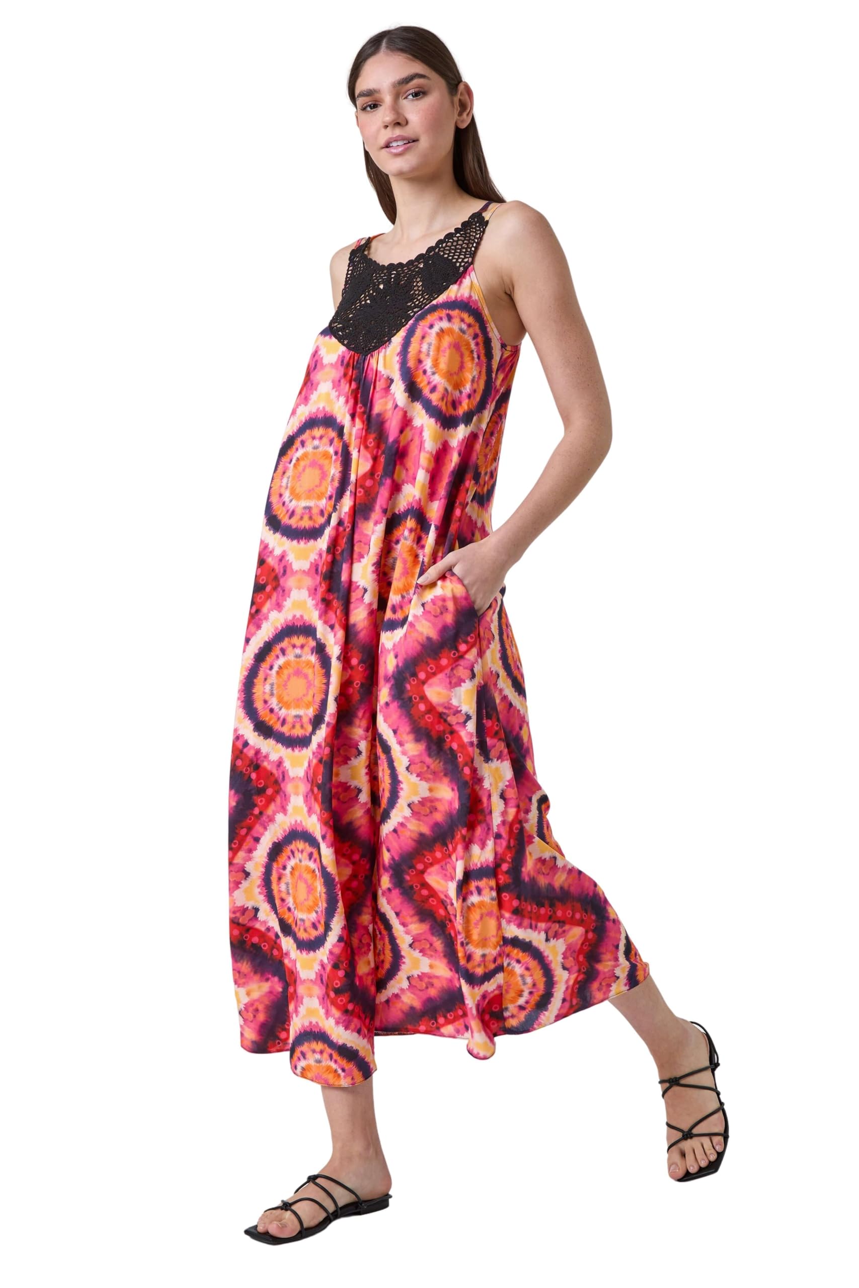 Roman Women's Tie Dye Crochet Detail Pocket Midi Dress in Fuchsia | Size: 16