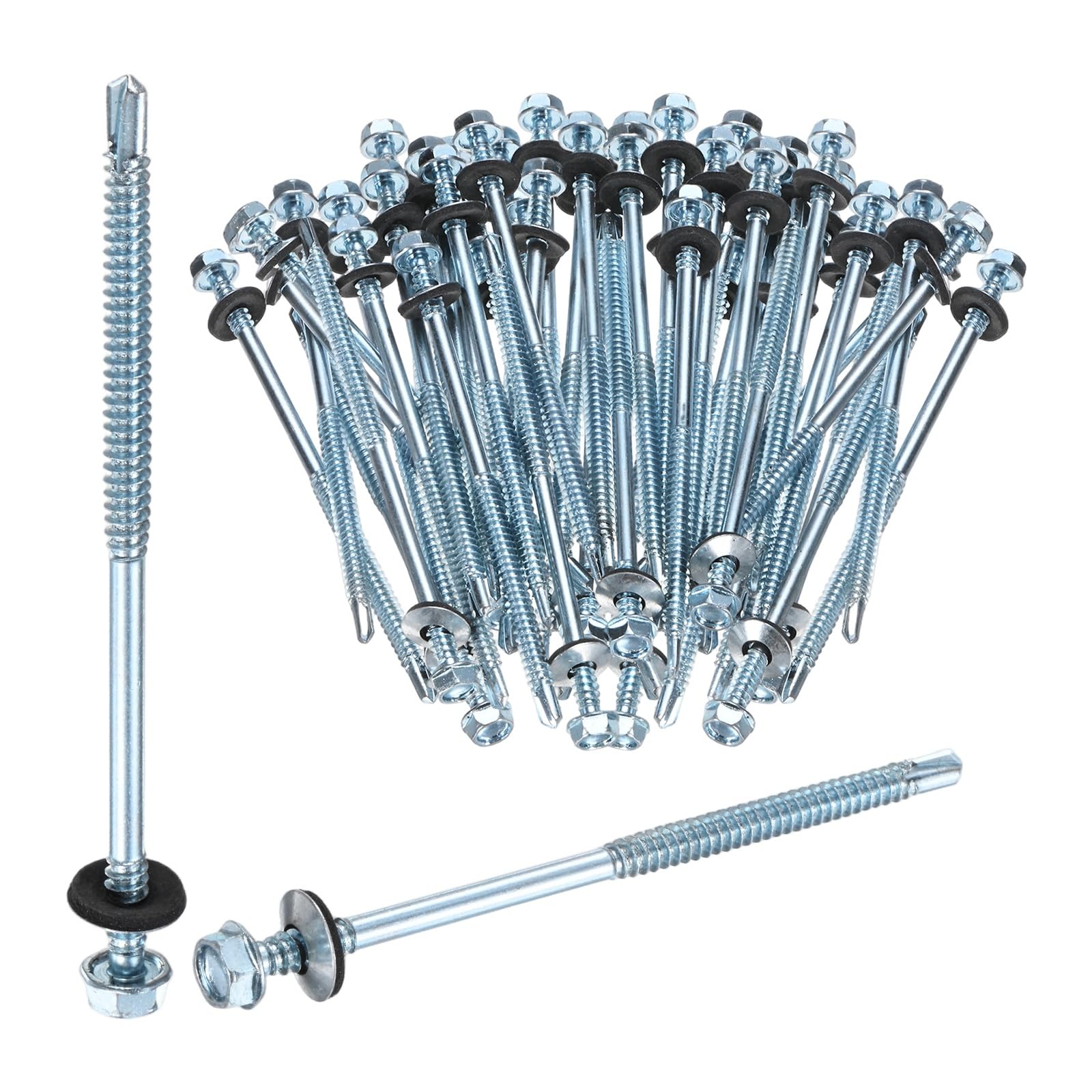 M METERXITY 50-Pack Self Drilling Screws with Rubber Washer M6.3 x 125mm Zinc Plated Carbon Steel Hex Head Self-Tapping Screws for Metal Roofing/Siding Panels/Steel Structures