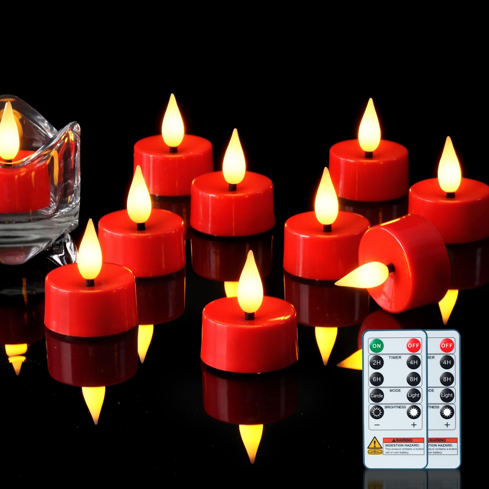 Amagic Flameless Red Timer Remote Tealights Candles, 3D Black Wick Flickering Tea Lights, 300+Hour Colored Votive Candles Battery Operated, Set of 12 for Table Decorations,Halloween, Christmas, Party