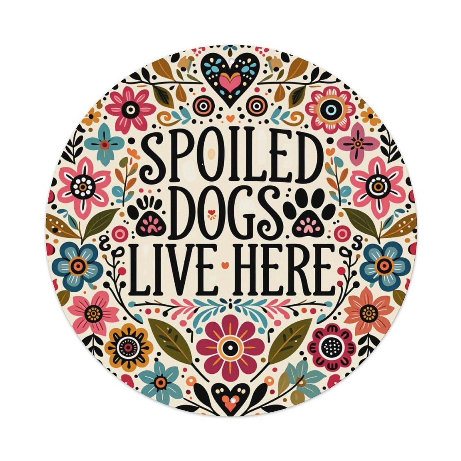 Floral Heart Paw Print Pattern Round Tin Sign Vintage Metal Poster, Home Bar Garage Man Cave Cafe Indoor & Outdoor Wall Decoration 8x8Inches
