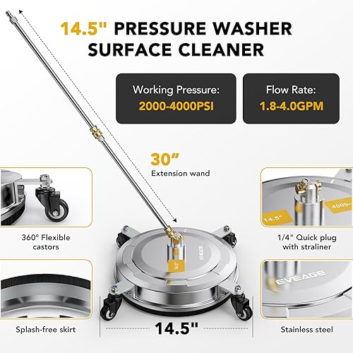 Miniatura 4 de EVEAGE Limpiador de superficies de lavadora a presión de 14.5 pulgadas, accesorios de hidrolavadora de acero inoxidable, 4 hilos y conector rápido
