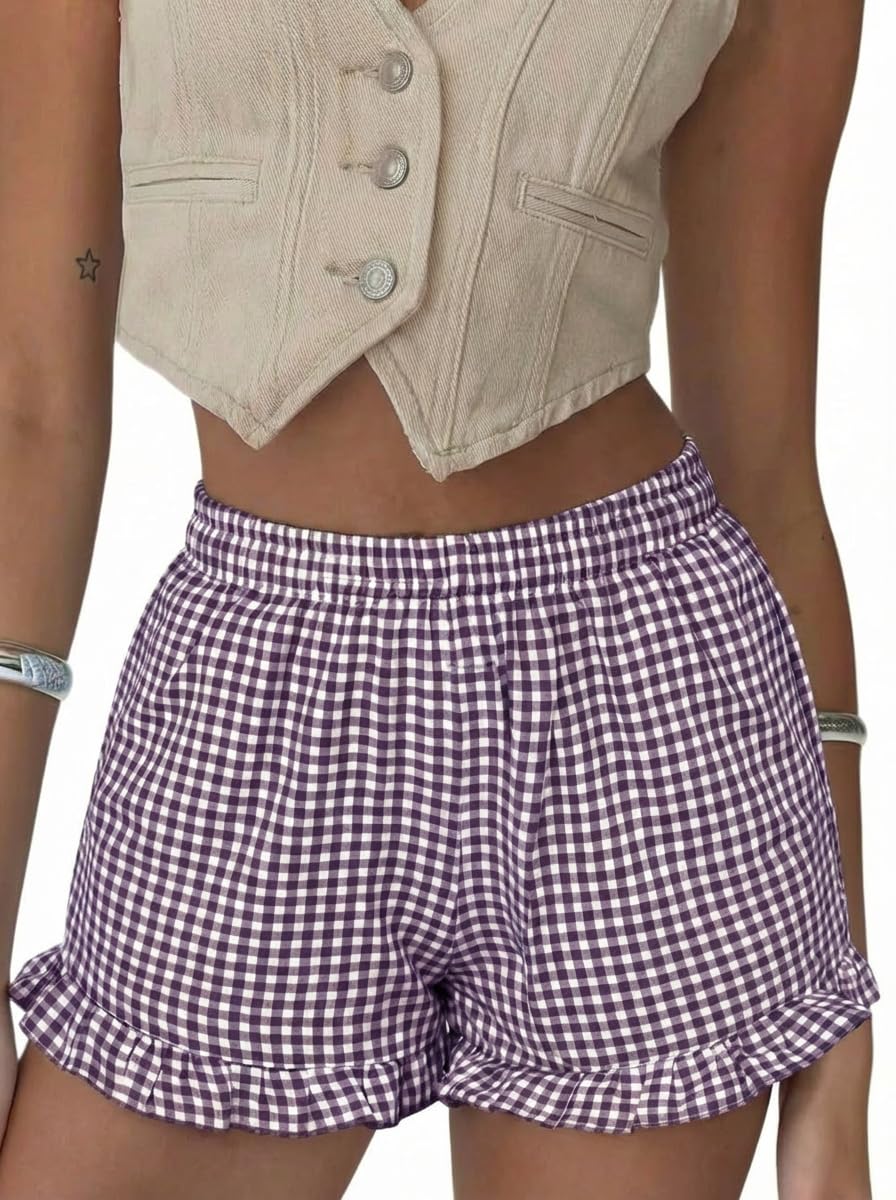 Boxer Shorts Gingham Shorts Y2K Beach Bottoms | Plaid Shorts Y2K Pajama Bottoms Two Pockets