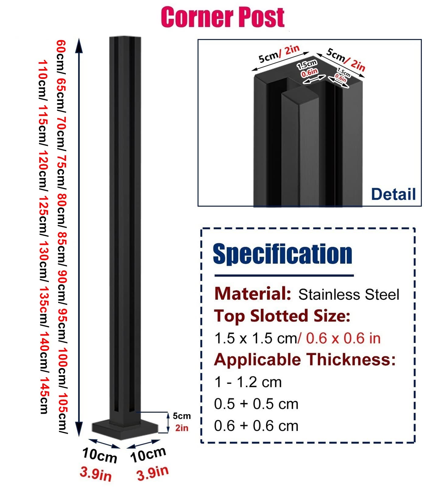 Postes de valla cuadrada de 130 cm para suelos de hormigón y madera al aire libre, poste de esquina seguro para balcón, diseño de color negro