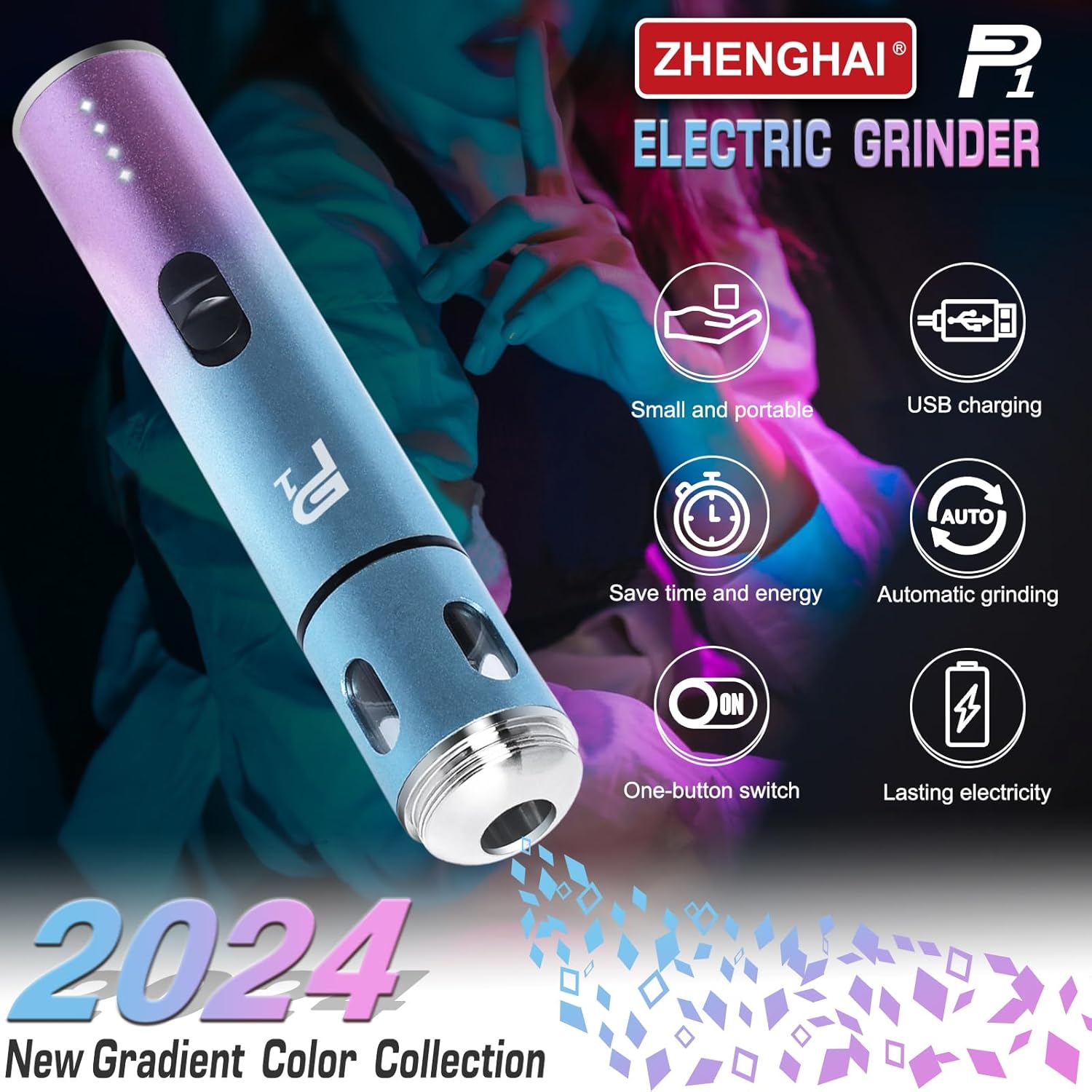 P1 Electric Herb and Spice Grinder. USB Rechargeable, Fast Grinding for Fresh Spices and Dry Flower Buds. Includes Portable Travel bag and Cleaning Brush Travel Set (Blue-Pink)