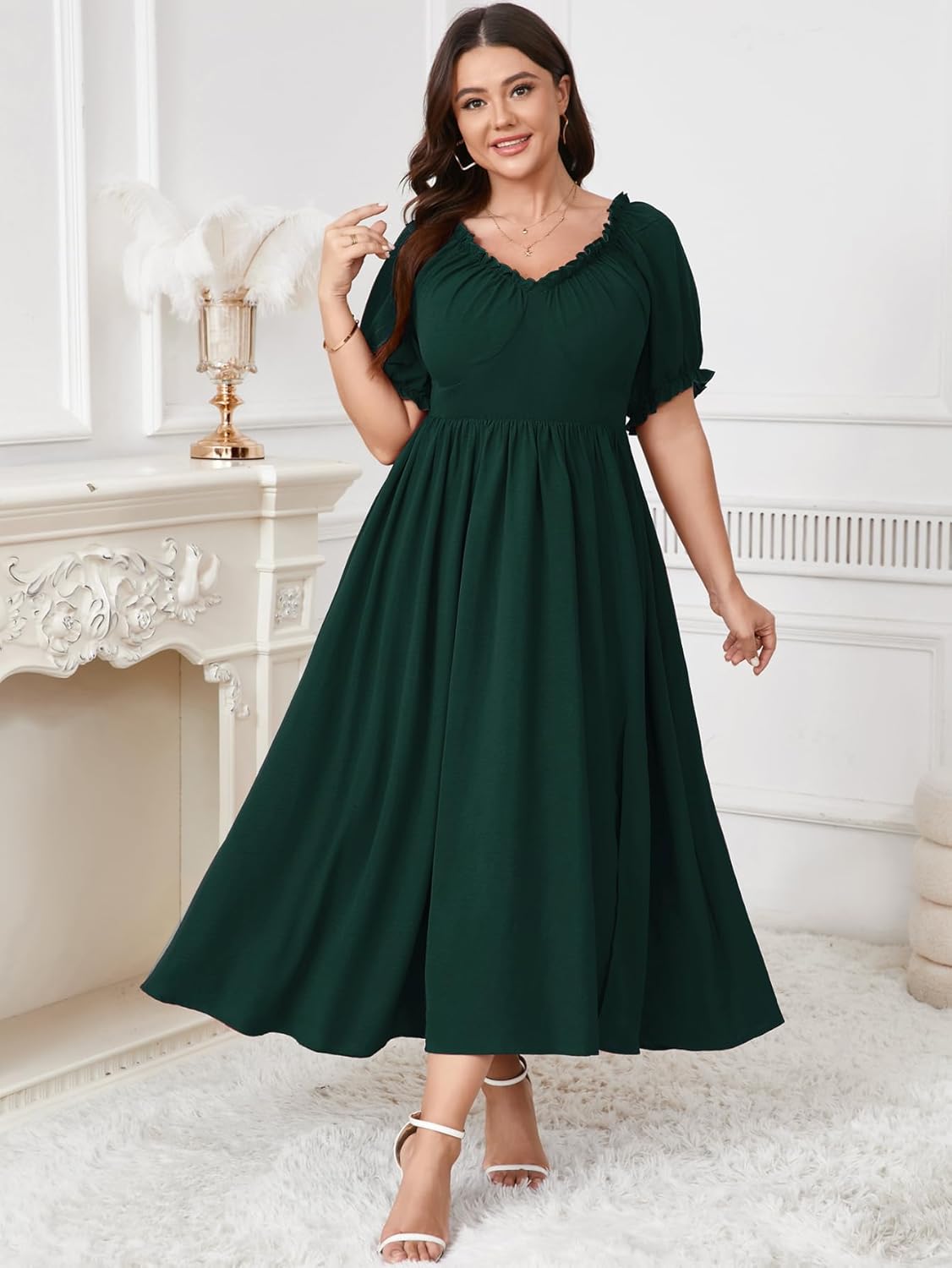 SCOMCHIC Women's Plus Size Wedding Guest Dresses Cocktail Formal Summer V Neck Puff Short Sleeve Slit A Line Maxi Dress - Image 5