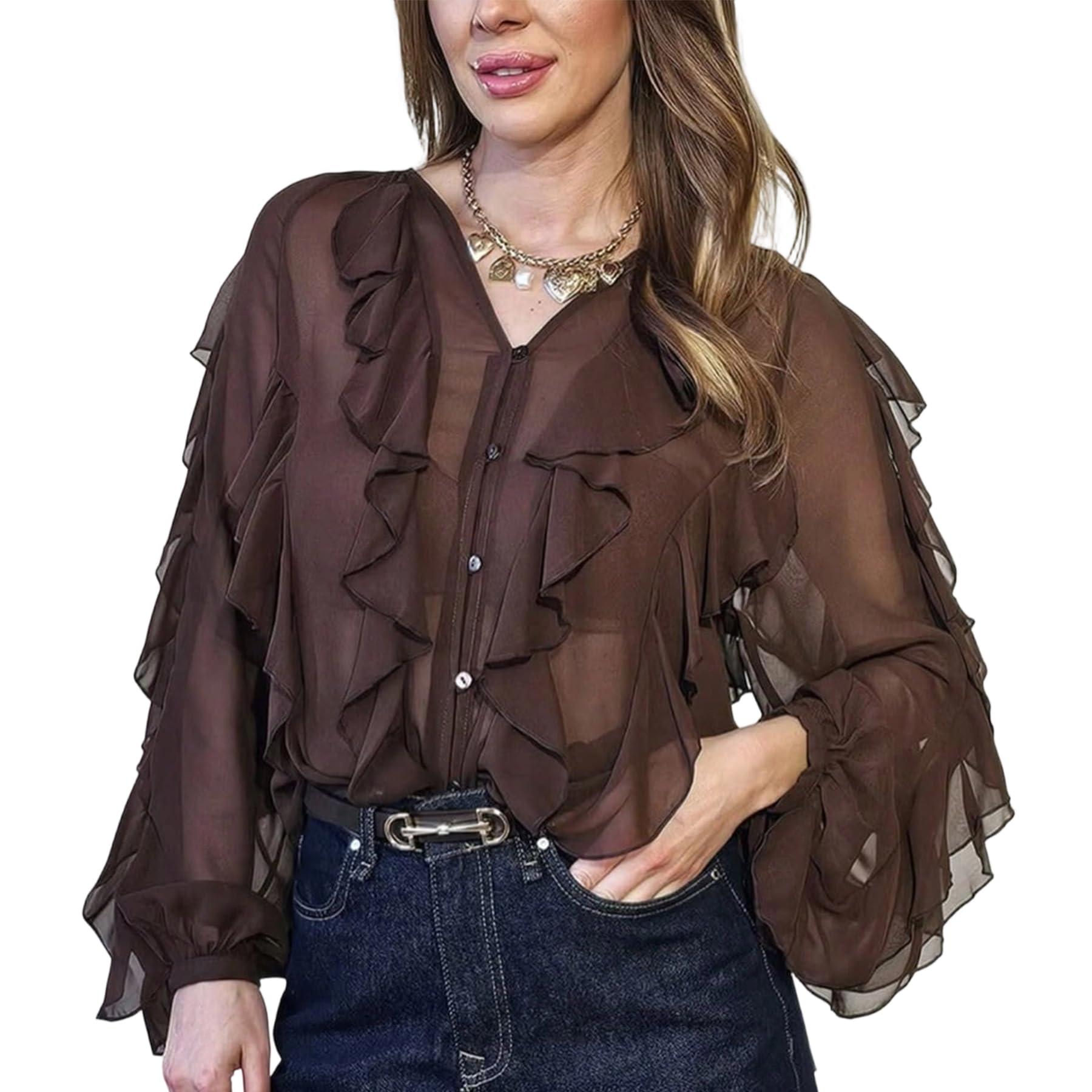 Women's Ruffle Chiffon Tops Puff Sleeve Sheer See Through Button Down V Neck Bubble Loose Casual Blouses Shirts