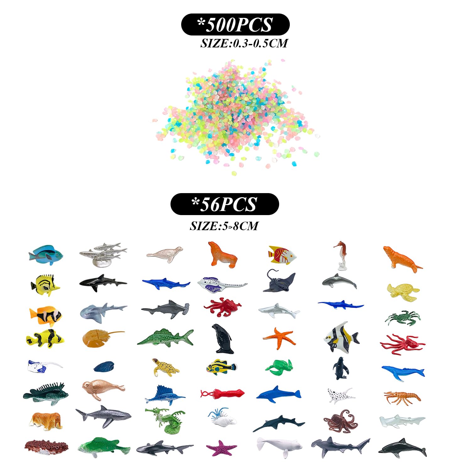 GDFHBD 56 Pieces Of Marine Life Toys, 500 Luminous Stones, Mini Shark Models, Fish Tank Decoration Supplies, Children'S Bathing Toys - Image 2