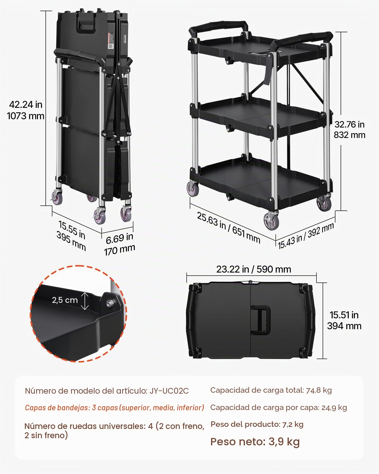 VEVOR Carro de Servicio 65x39x83 cm Carro de Transporte Utilitario Plegable 3 Estantes Capacidad Total 74,8 kg​ 25 kg​/Estante Ruedas Giratorias (2 con Frenos) para Garaje Herramientas Almacén Oficina