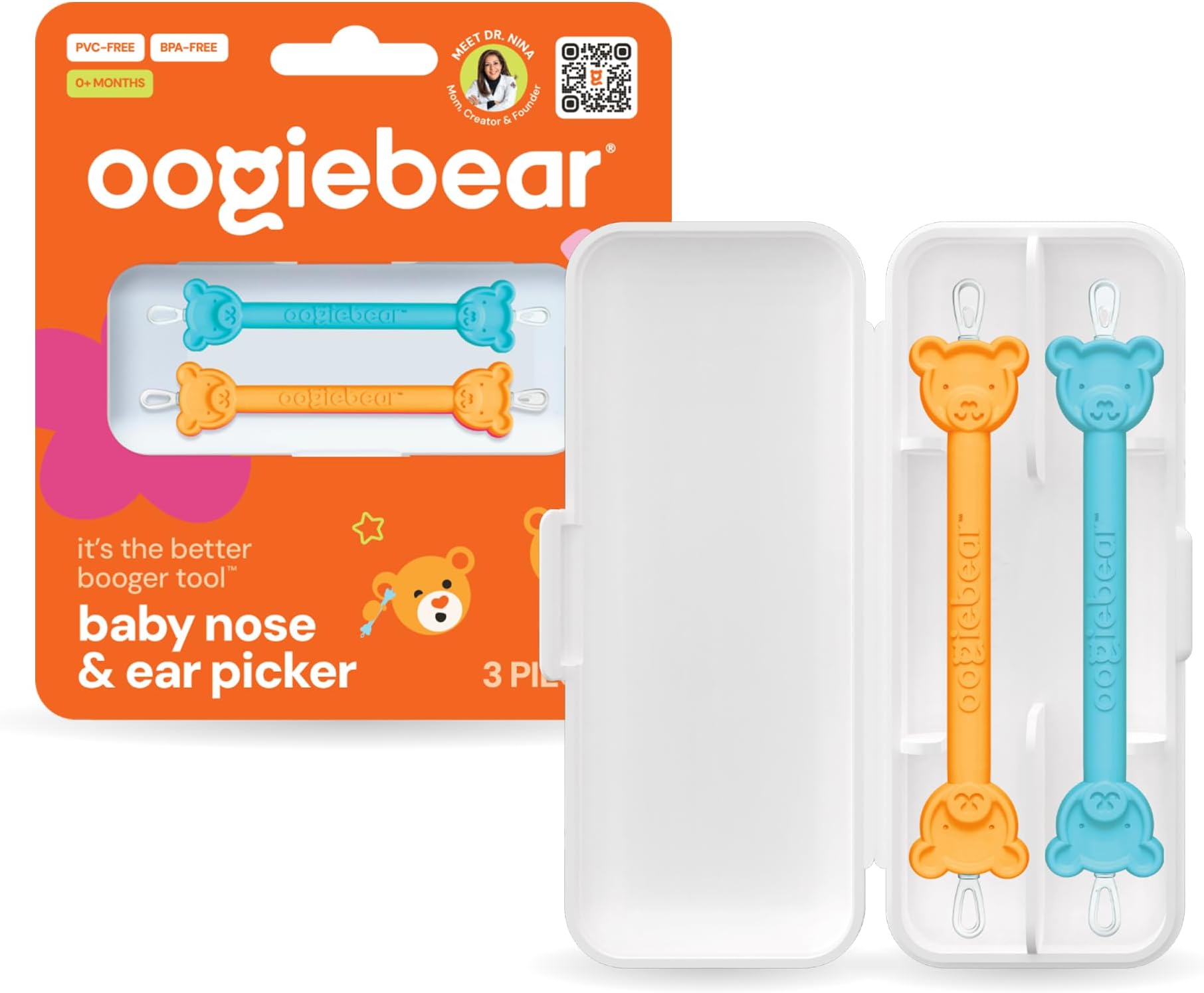 oogiebear: Baby Nose Cleaner & Ear Wax Removal Tool - Safe Booger & Earwax Removal for Newborns, Infants, Toddlers - Dual-Ended - Essential Baby Stuff, Diaper Bag Must-Have, Orange & Seafoam with case