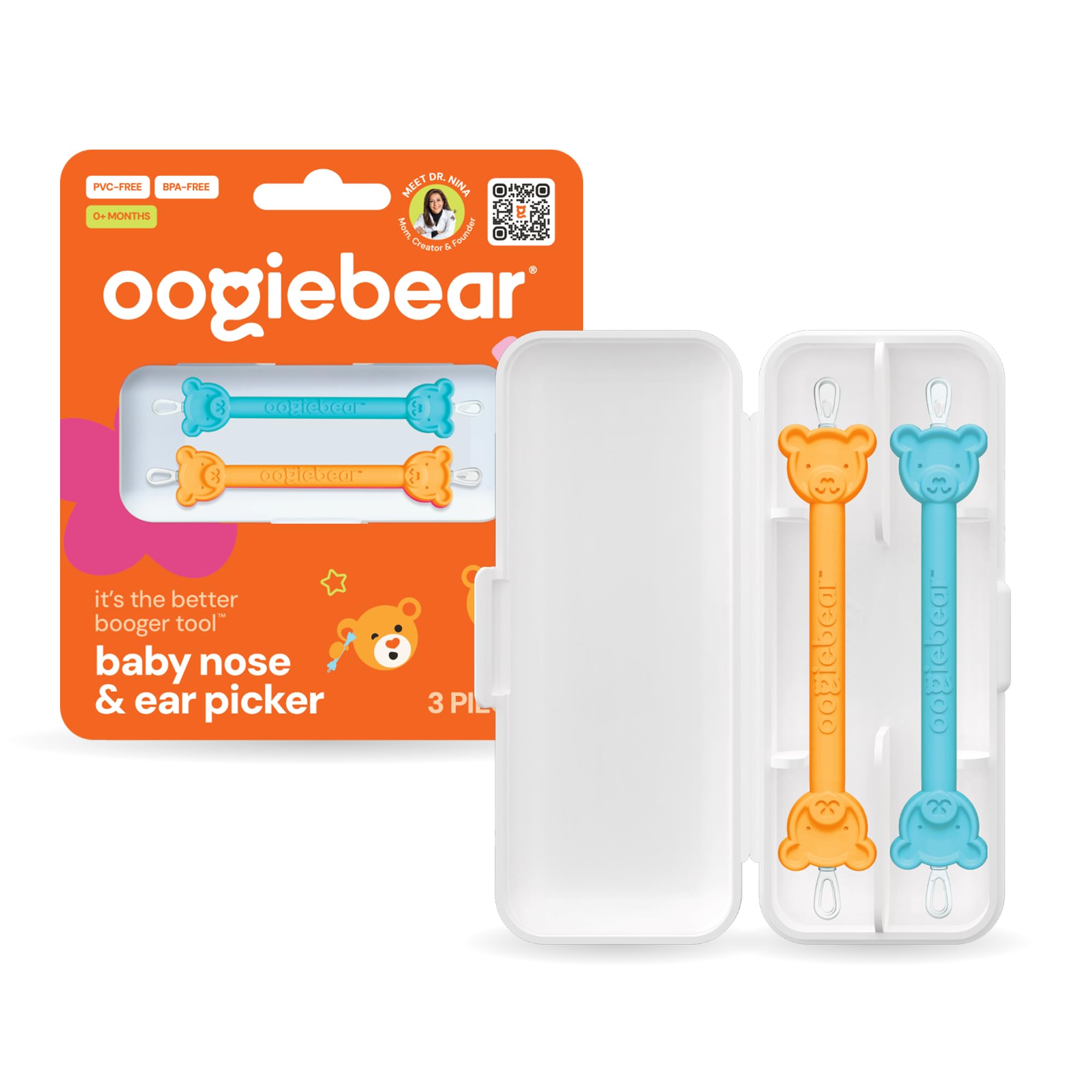 oogiebear - Nose and Ear Gadget. Safe, Easy Nasal Booger and Ear Cleaner for Newborns and Infants. Dual Earwax and Snot Remover. Aspirator Alternative - Two Pack with Case - Orange Seafoam
