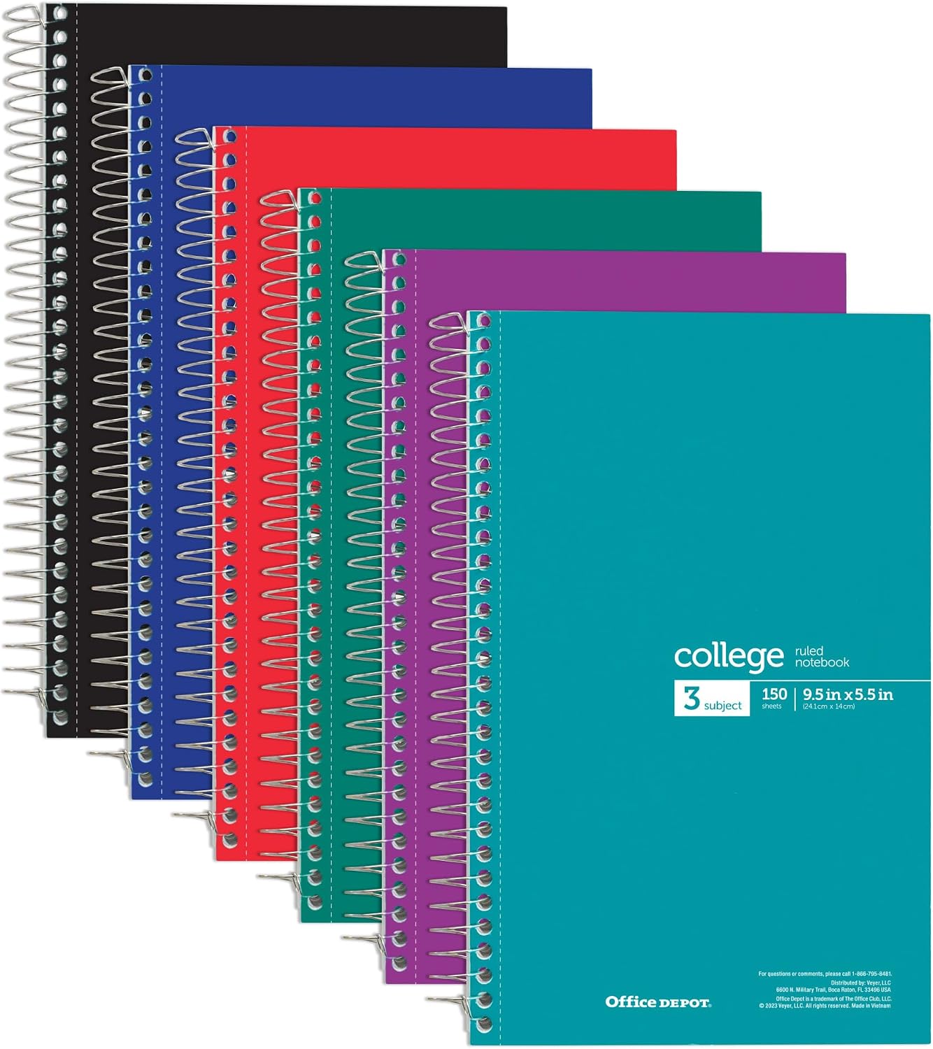 Office Depot® Wirebound Notebooks, 6" x 9-1/2", 3 Subjects, College Ruled, 150 Sheets, Assorted Colors, Pack of 6 Notebooks