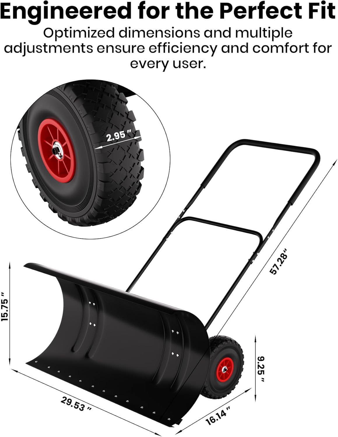Heavy Duty 29-Inch Snow Shovel with Wheels, Adjustable Steel Blade & Height Handle – Ergonomic Snow Pusher for Driveway, Sidewalk & Yard – Large Double-Bar, Black Handle & Shovel, Red Wheels