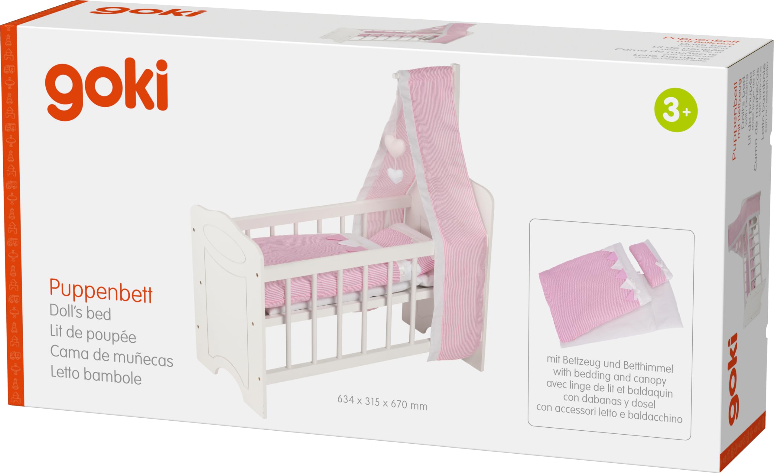 51762 goki - Puppenbett Holz mit Himmel und Bettzeug - Baby Bett für Puppen - Puppenmöbel Kinder Zubehör - Puppenwiege aus Holz für Rollenspiel Kinderzimmer 63,4 x 31,5 x 67 cm