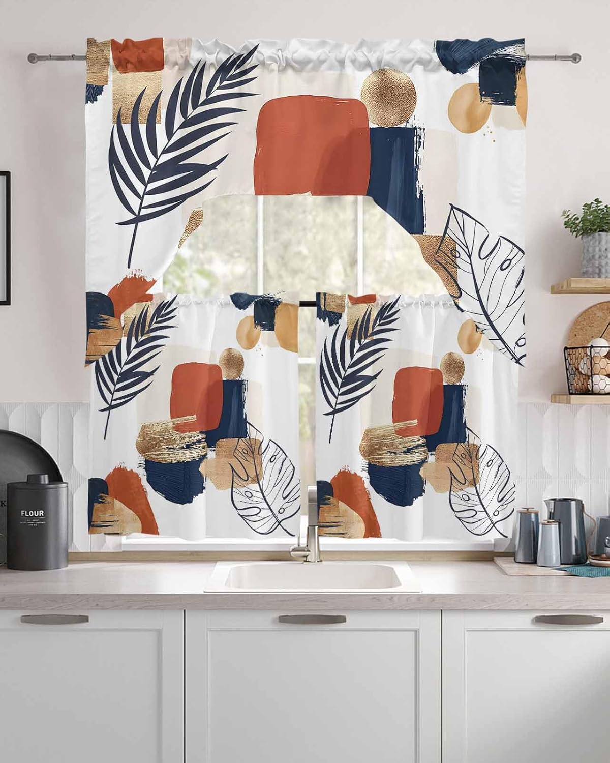 Boho Geometric Swag Kitchen Curtain Sets with Valance,3 Pieces Rod Pocket Curtain Drapes for Bedroom Bathroom Cafe Windows,Modern Leaves Abstract Middle Century 56''x36''&24''x27.5''x2Panels