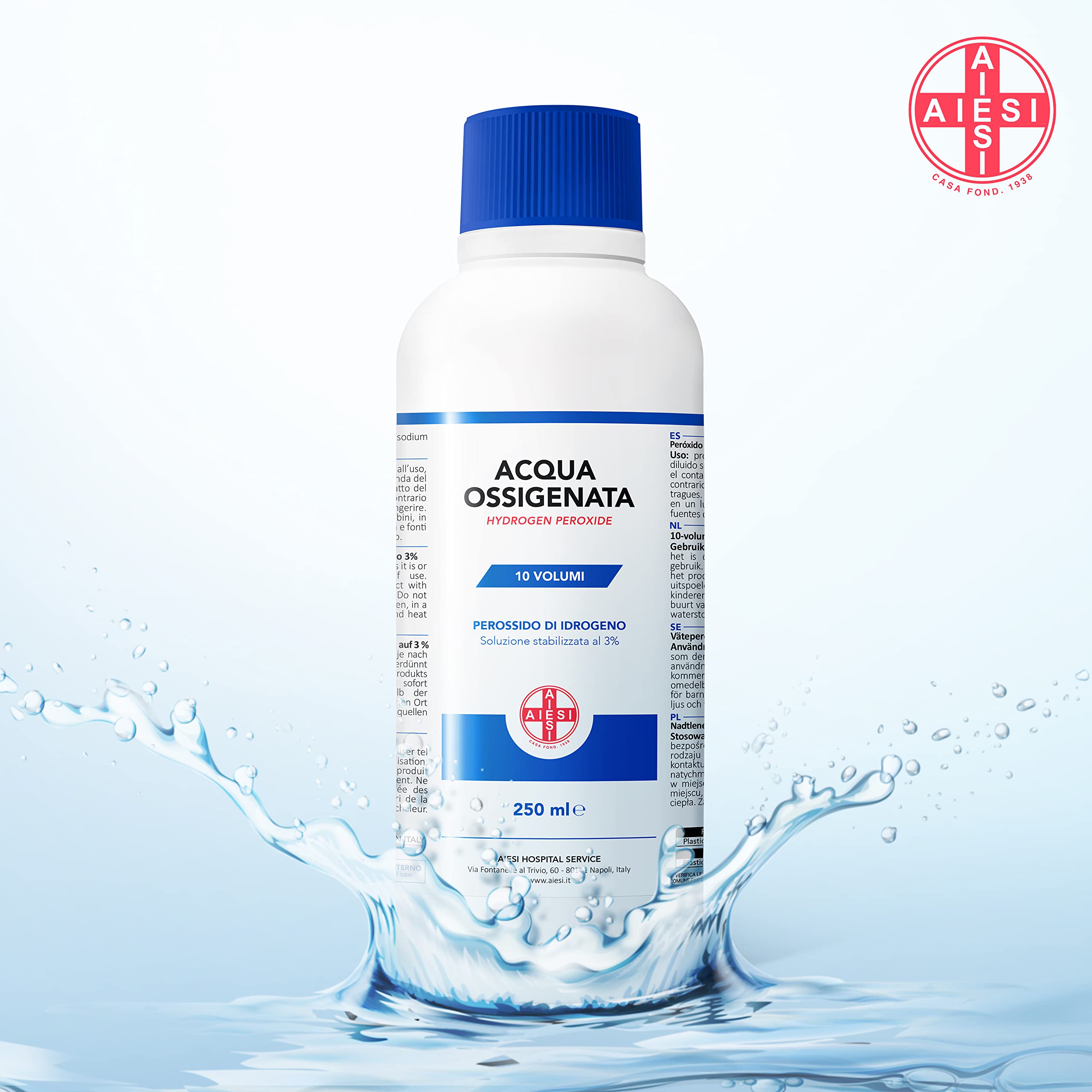 AIESI® Agua Oxigenada Ph.Eur. desinfectante (12x250 ml) con tapa de seguridad para niños, Made in Italy