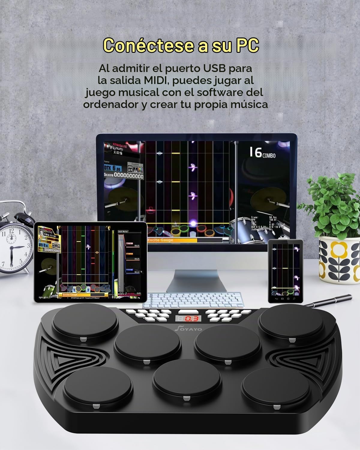 Batería Electrónica, Tambor Digital Enrollable Portátil con Panel Digital Altavoces Integrados Soporte de Conexión de PC, Regalo ideal para Adolescentes y Principiantes Adultos