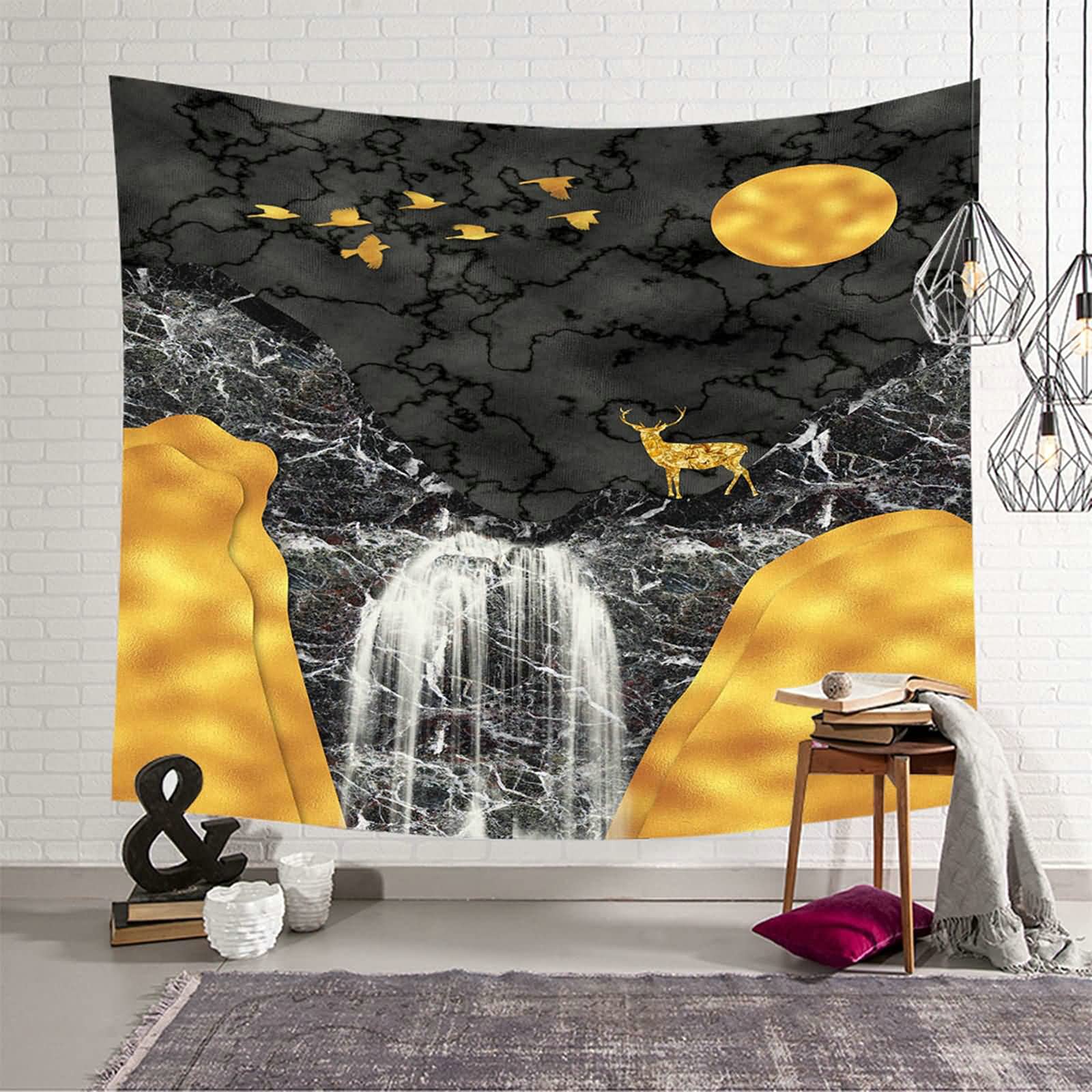 Tapiz de pared KnSam de poliéster premium con diseño de cascada dorado y gris de 150x130 cm