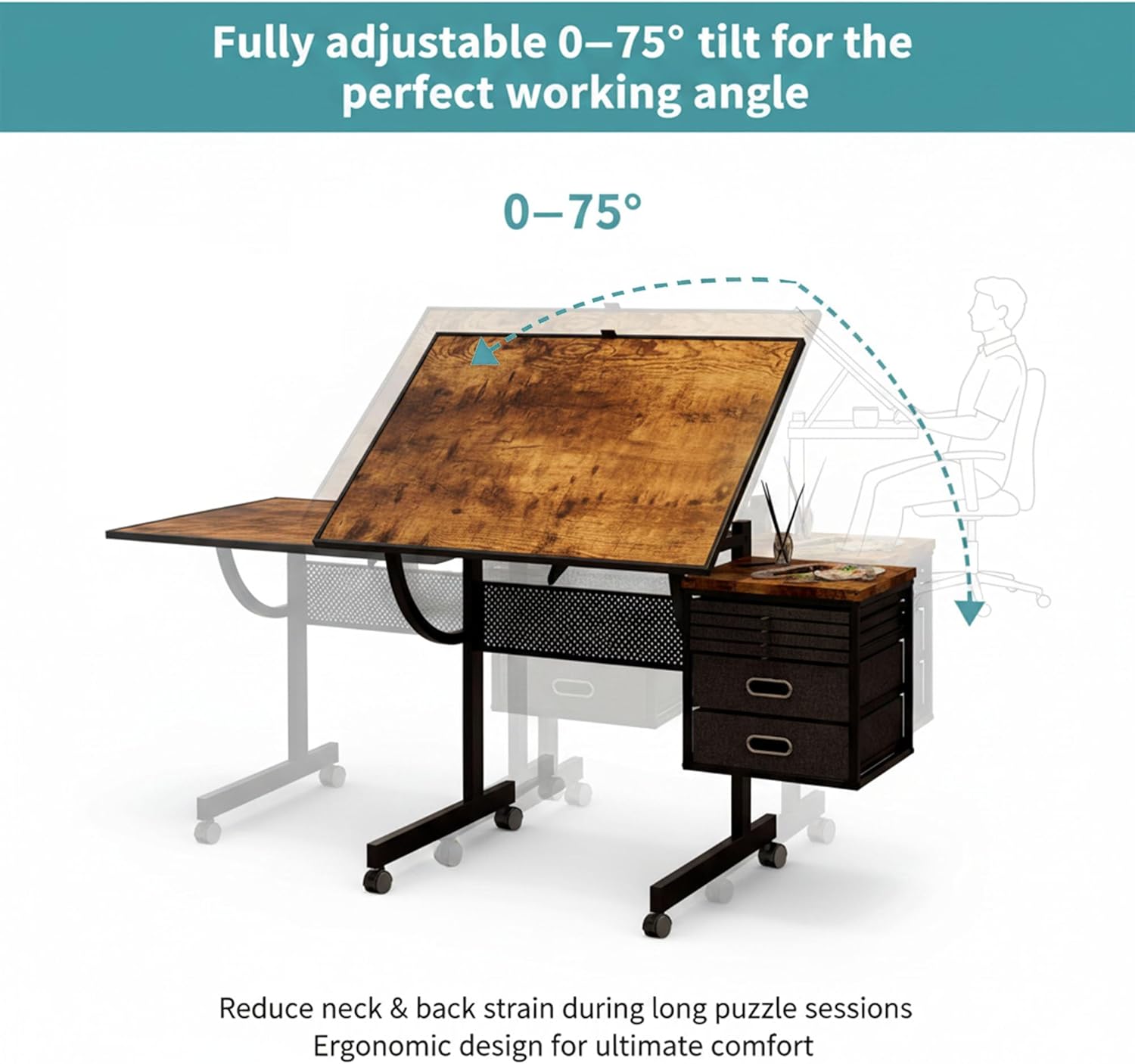 Adjustable Drafting Table with 4 Trays & 2 Storage Drawers, Multifunctional Tilting Drawing Art Desk, Vintage Drawing Table Art Craft Workstation for Studio Home Office Painting Writing (Style-A)