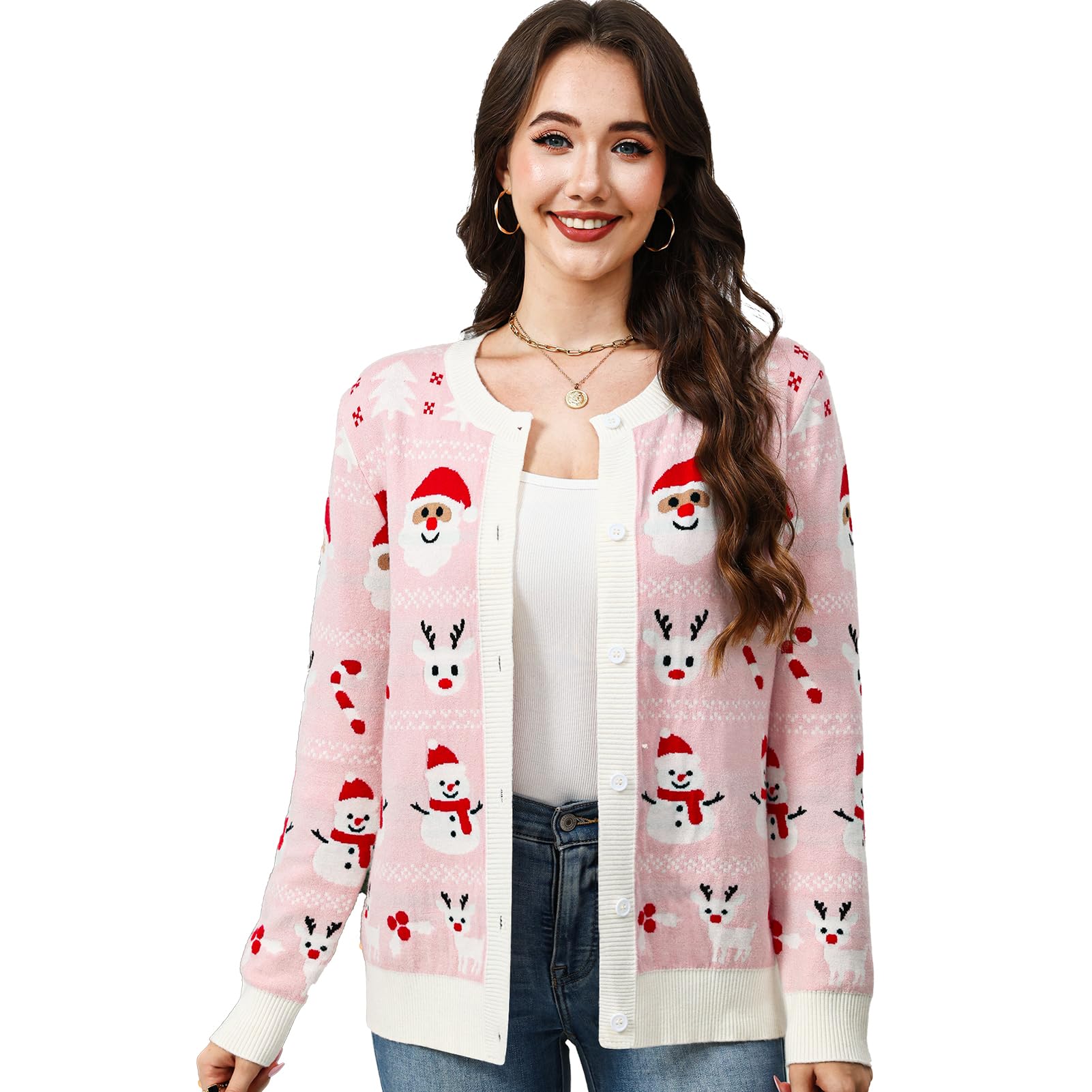 Womens Ugly Christmas Cardigan Sweater Santa Reindeer Snowman Long Sleeve Button Knit Cardigan Cute Funny Sweater