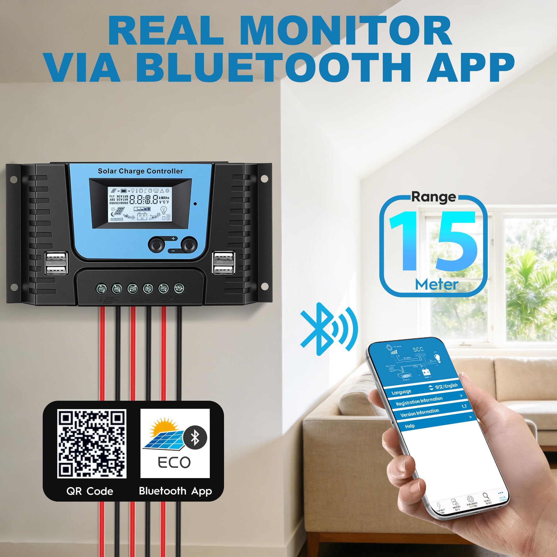 20A Solar Laderegler Mit Bluetooth, PWM 20A Solarladeregler 12V 24V mit Temperatursensor LCD Anzeige und 4 USB Ports,Geeignet Lithium, Blei-Säure, Gel-Batterie