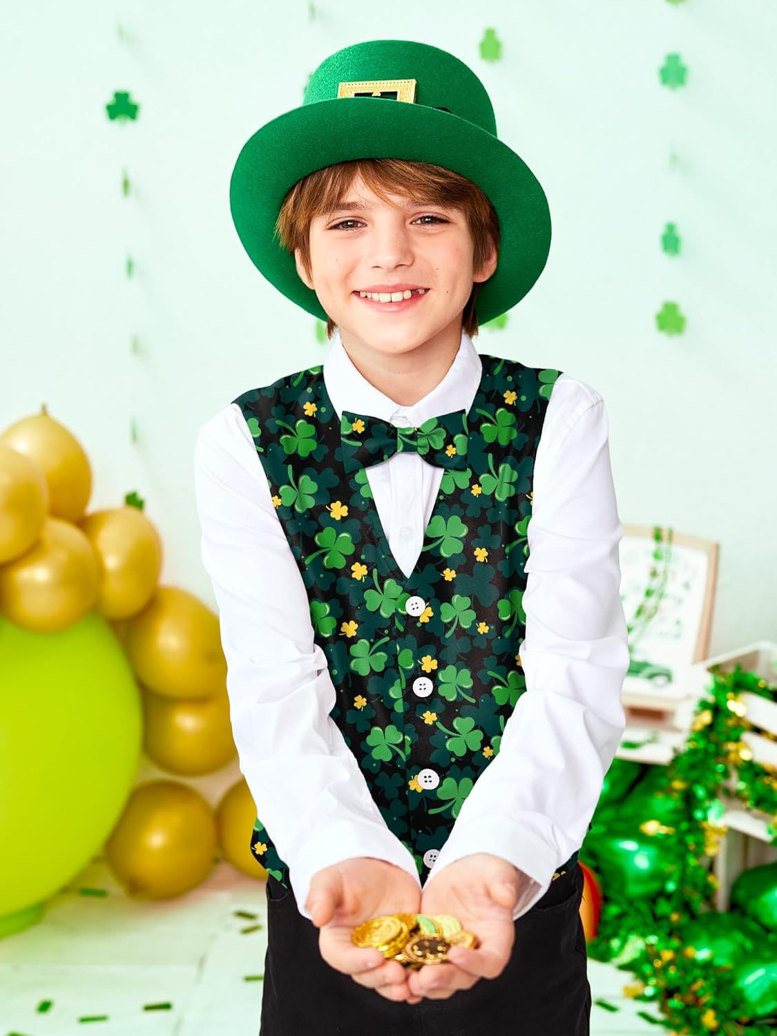 Kids Boys 3Pcs St Patrick's Day Vest Suit Bow Tie Sunglass Lucky Clover Irish Shamrock Set Outfit for 6-14Years