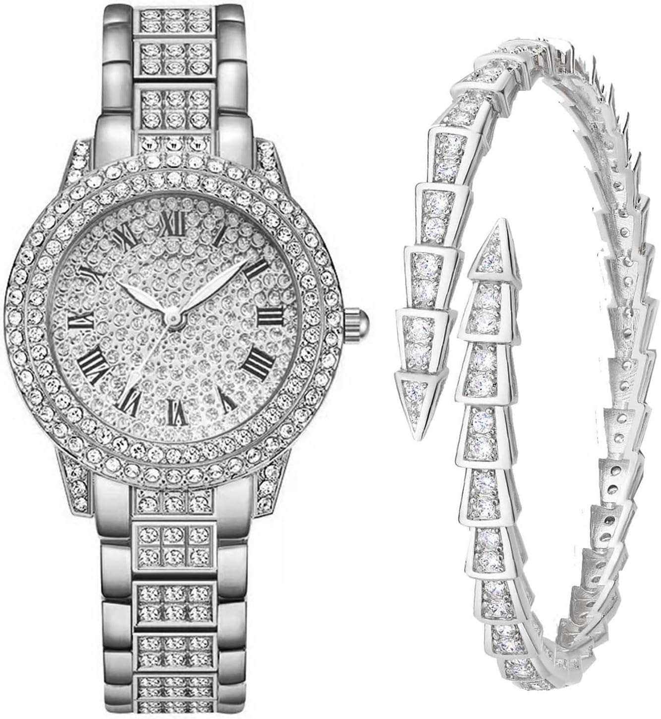 Watch for Women Interior Full Diamond Bling Rhinestone Iced Out Quartz Crystal Stainless Steel Ladies Wrist Watch