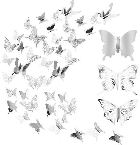 Download Amazon Com 96 Pieces 3d Butterfly Wall Stickers Mirror Butterfly Decals Removable Mural Stickers In 3 Kinds Of Patterns With Tapes For Home And Room Living Room Kids Girls Bedroom Decoration Silver Kitchen