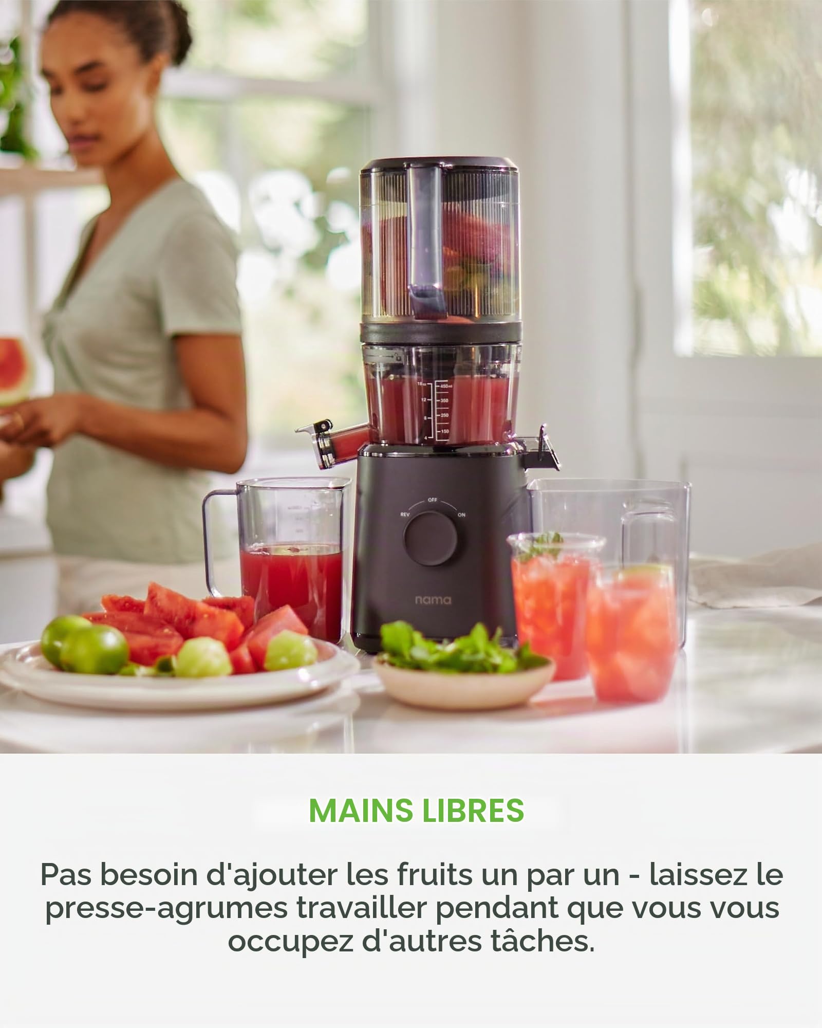 NAMA J2 Presse-agrumes à froid, auto-alimentation pour un fonctionnement mains libres, presse-agrumes sans résidus pour plus de jus, moins