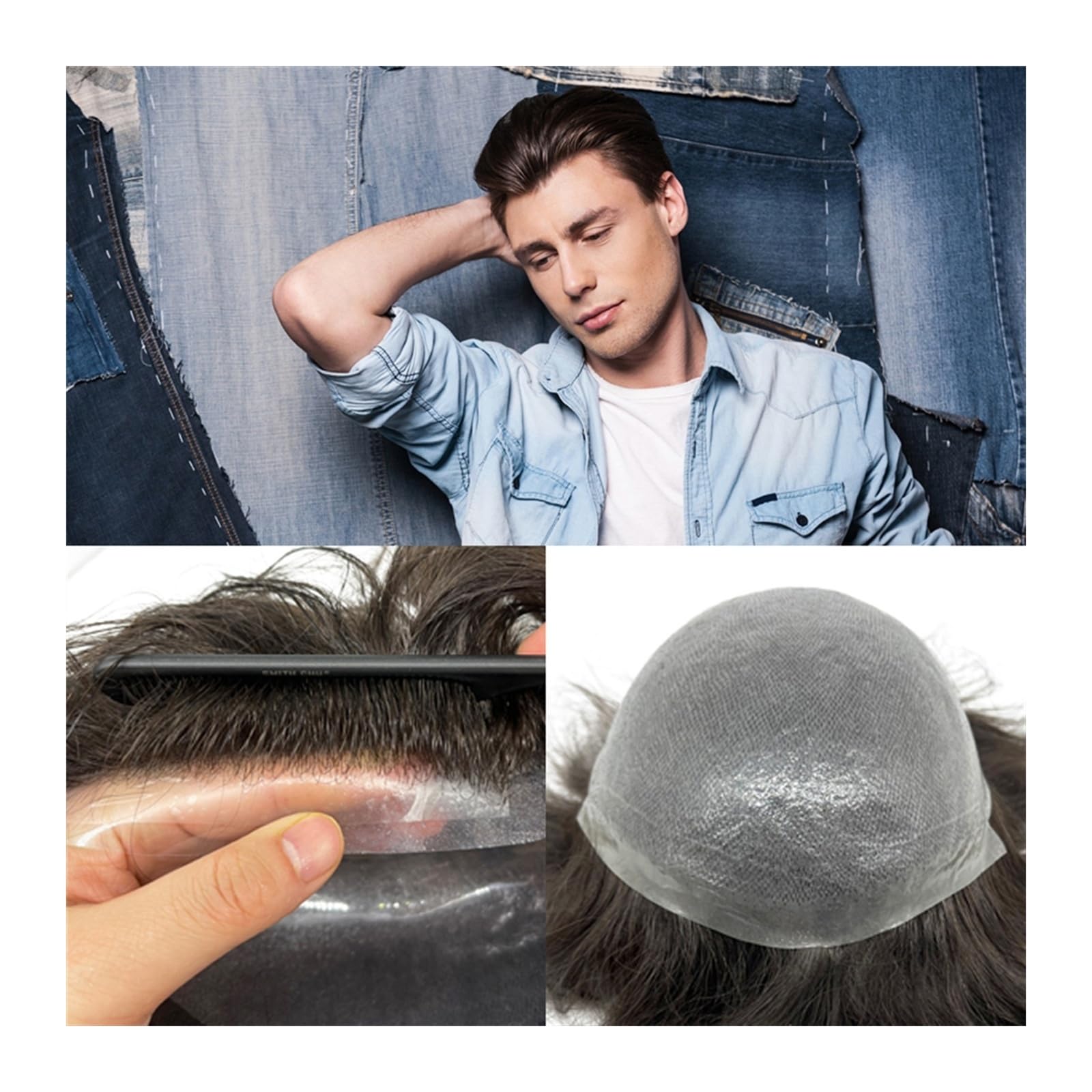 Remplacement de perruque cheveux humains premium base peau fine