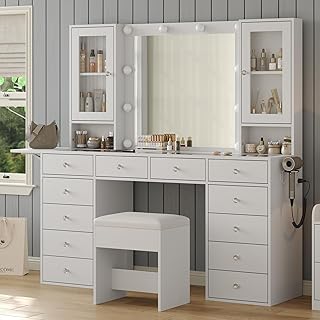 Dressing Table with Mirror and LED Bulb Lights, Vanity Desk with 12 Draw...