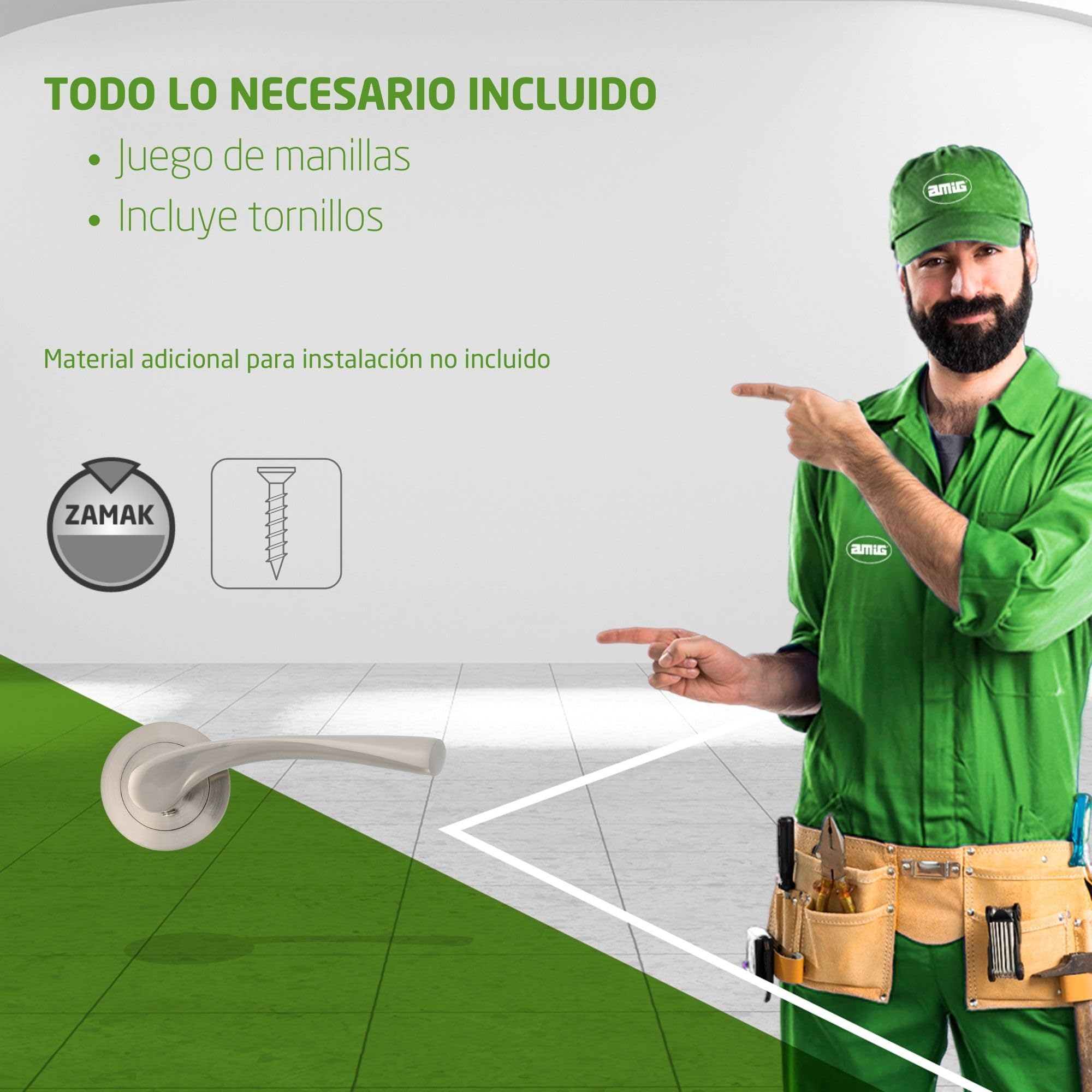 Amig - Pack de 4 Juegos de 2 Manillas Plateadas de Roseta Redonda - Con Tirador de Zamak con - Acabado Cromado Mate - Para Puertas de Paso de Interior - Diámetro Roseta Ø52 mm - Incluye Tornillos