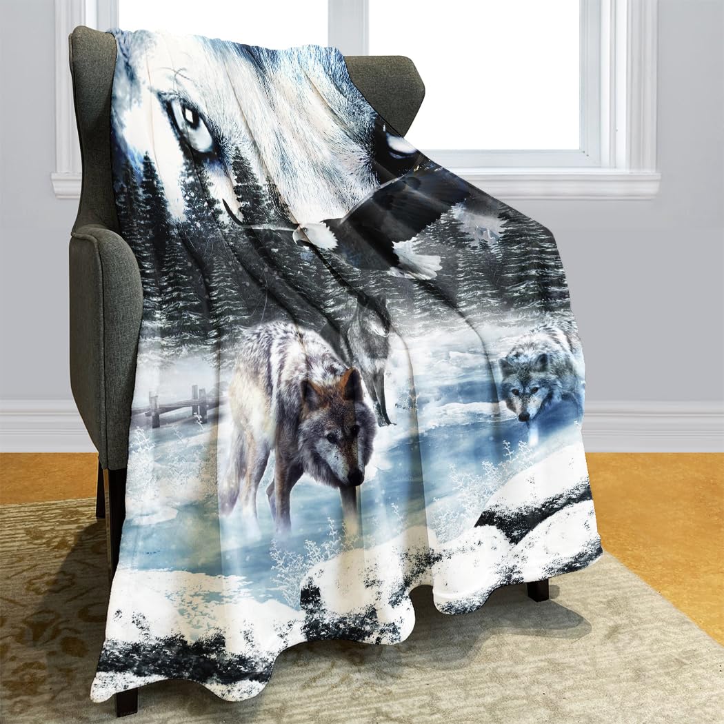 Couverture flanelle polaire loup et aigle motif nature sauvage pour canapé 150x200cm