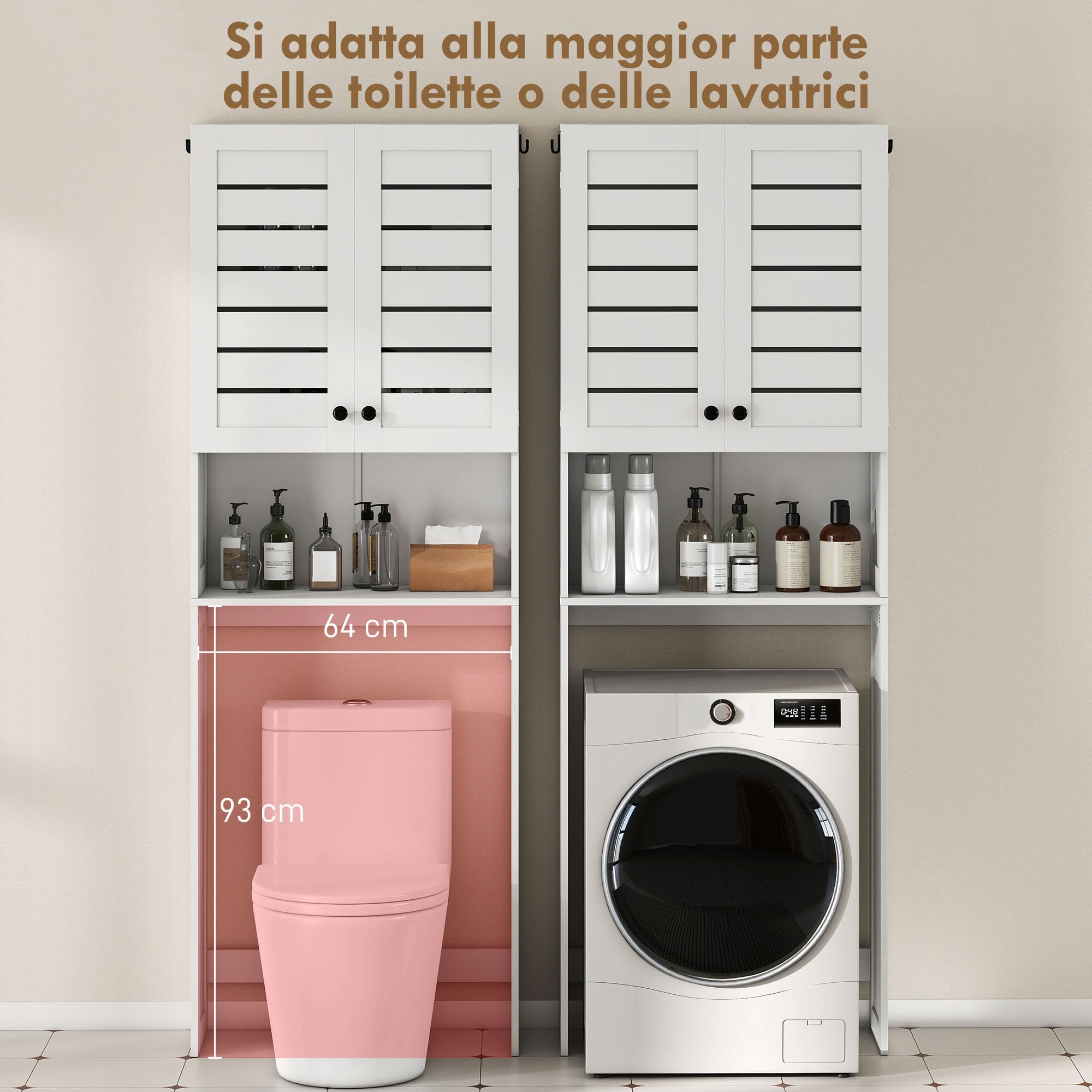HOMCOM Mobile Sopra WC con Armadietto a 2 Ante e Ripiano Aperto, Mobile Bagno in MDF, Scaffale Sopra WC, 67x31.5x190 cm, Bianco