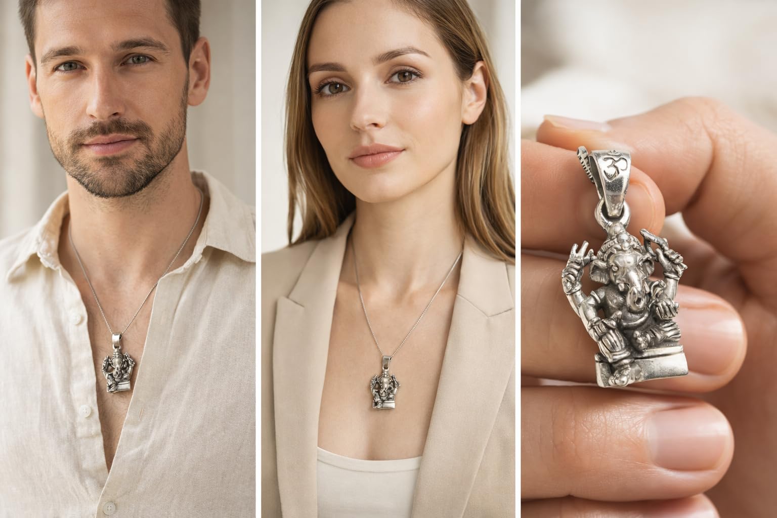 Ciondolo Ganesha, in argento Sterling lavorato con simbolo portafortuna, unisex