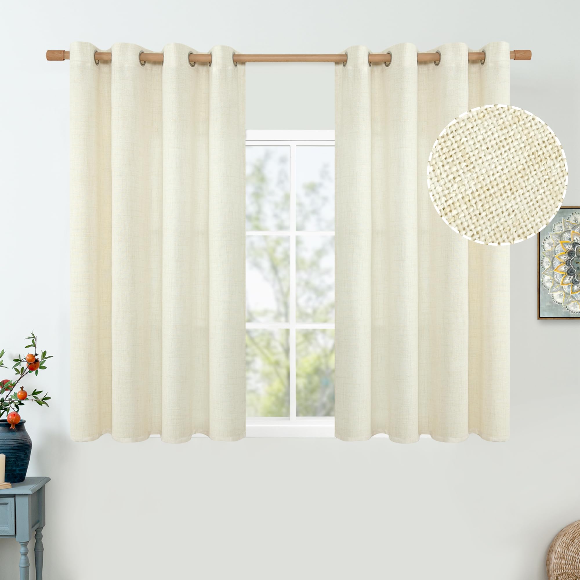 QUEMAS Short Linen Curtains 54 Inch Length for Bedroom Window Light Filtering, Thick Burlap Semi Sheer Non See Through Grommet Living Room Drapes Farmhouse Basement, 52 Inch Wide 2 Panel Set,Cream — image 1